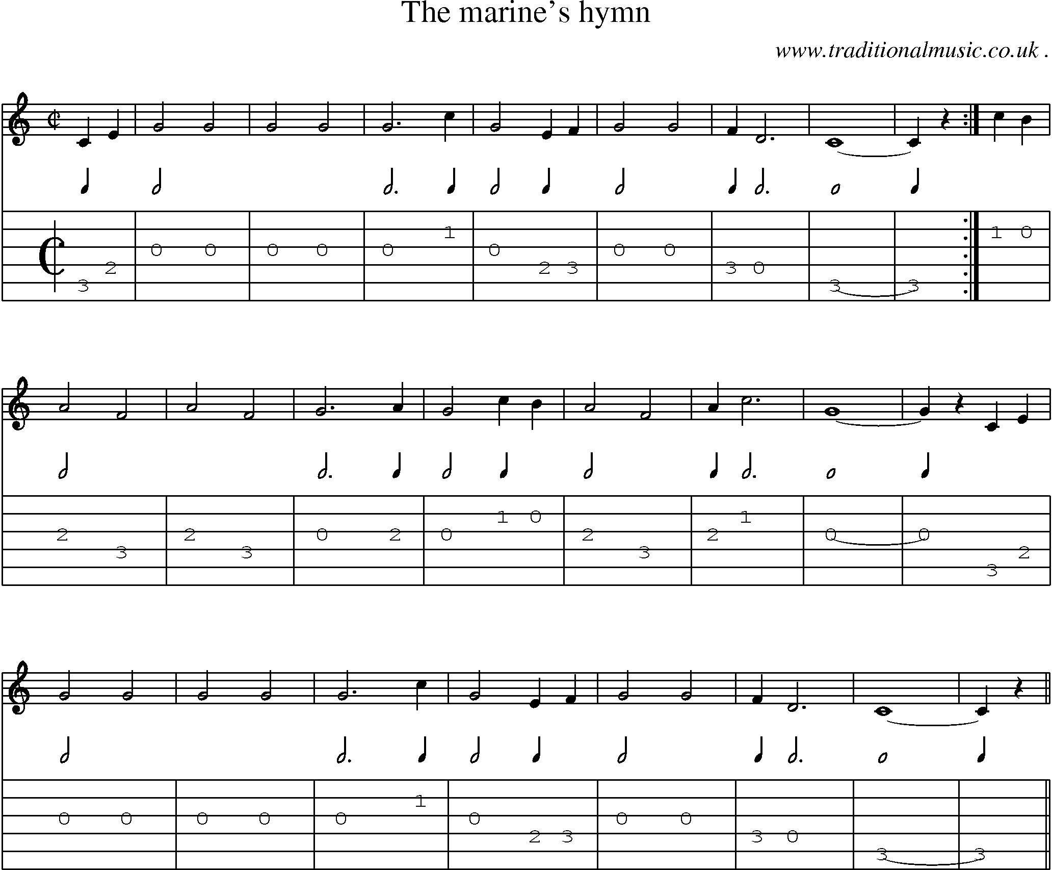 Music Score and Guitar Tabs for The Marines Hymn