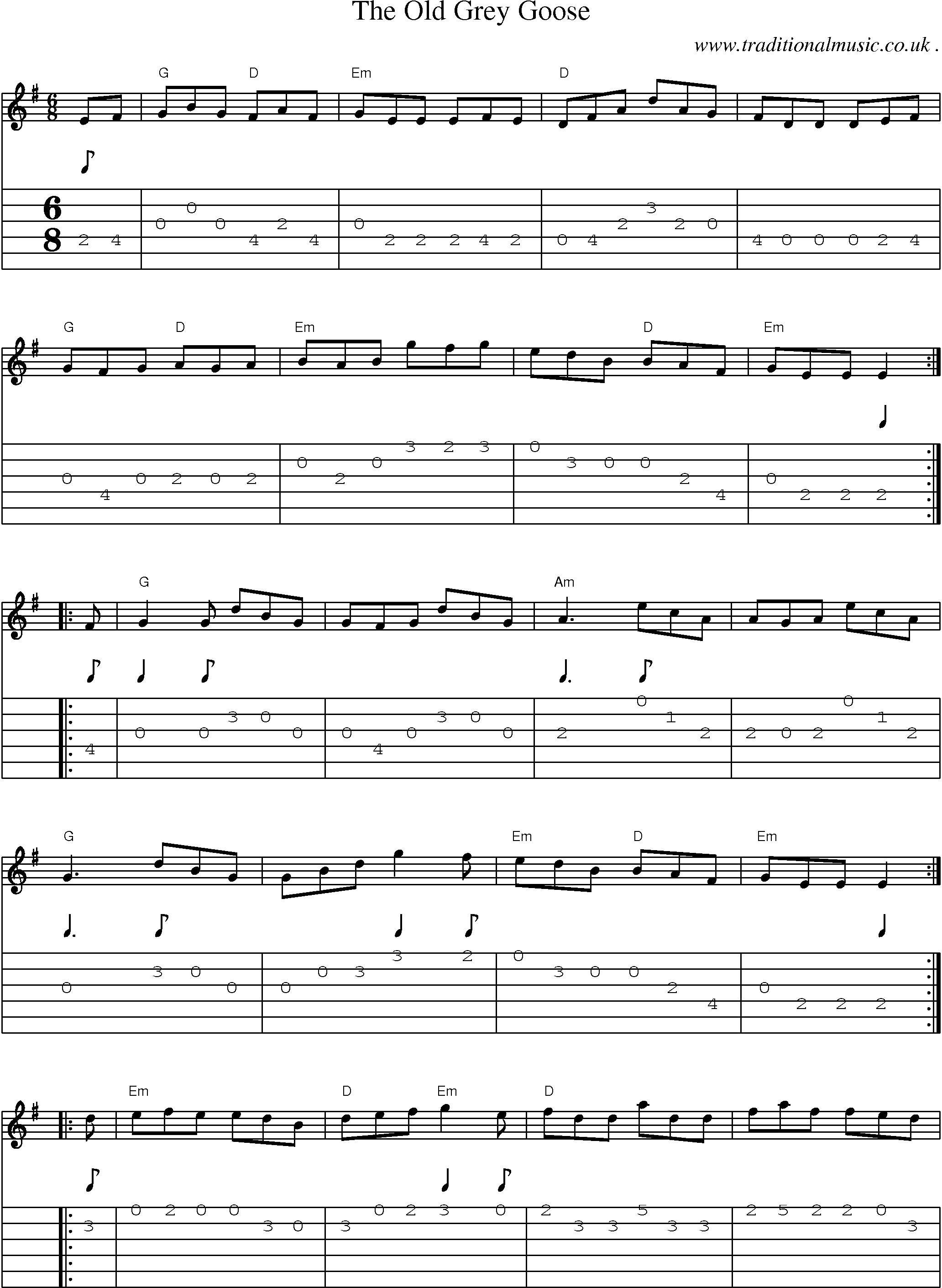 Music Score and Guitar Tabs for The Old Grey Goose