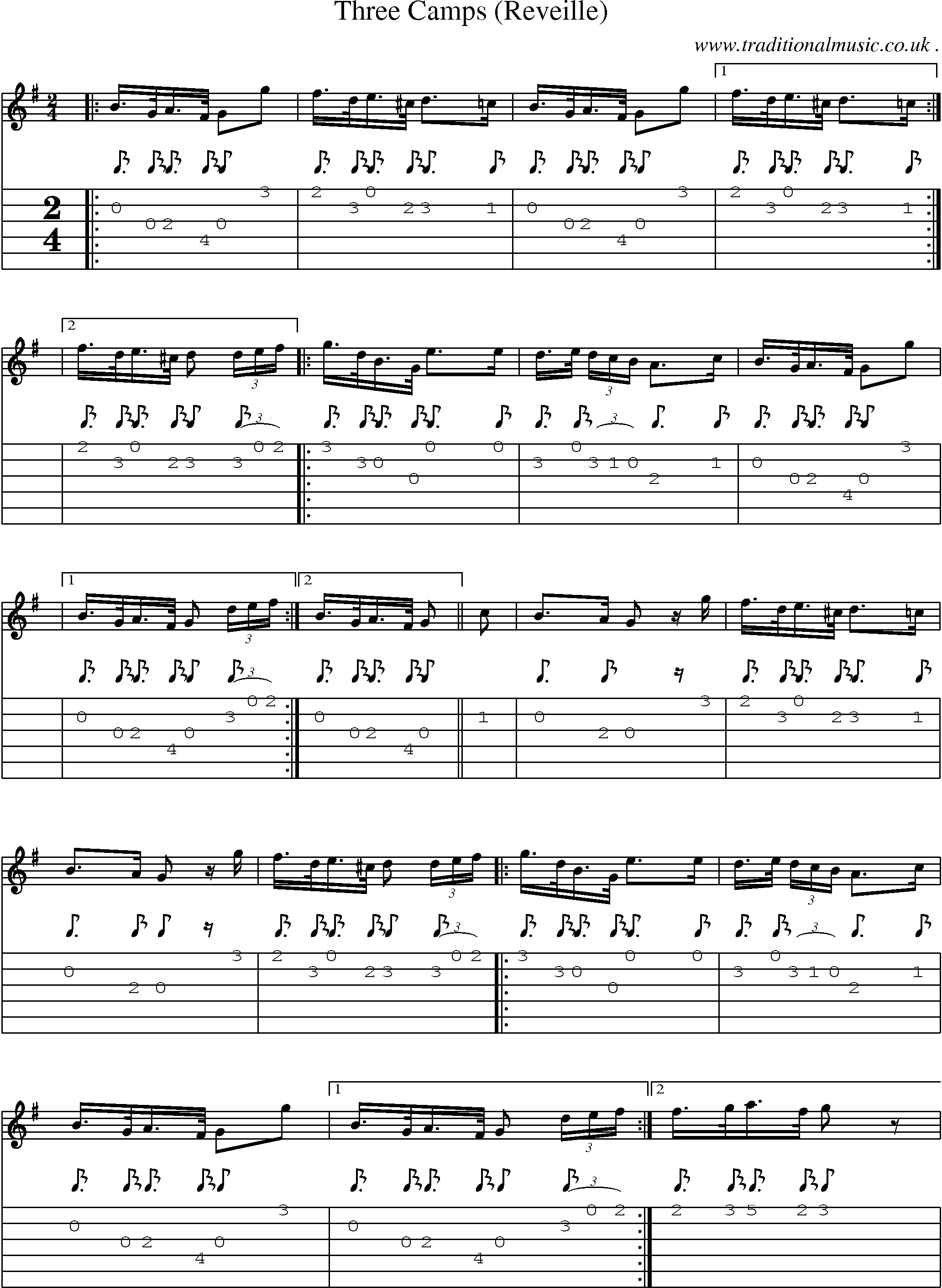 Music Score and Guitar Tabs for Three Camps (reveille)