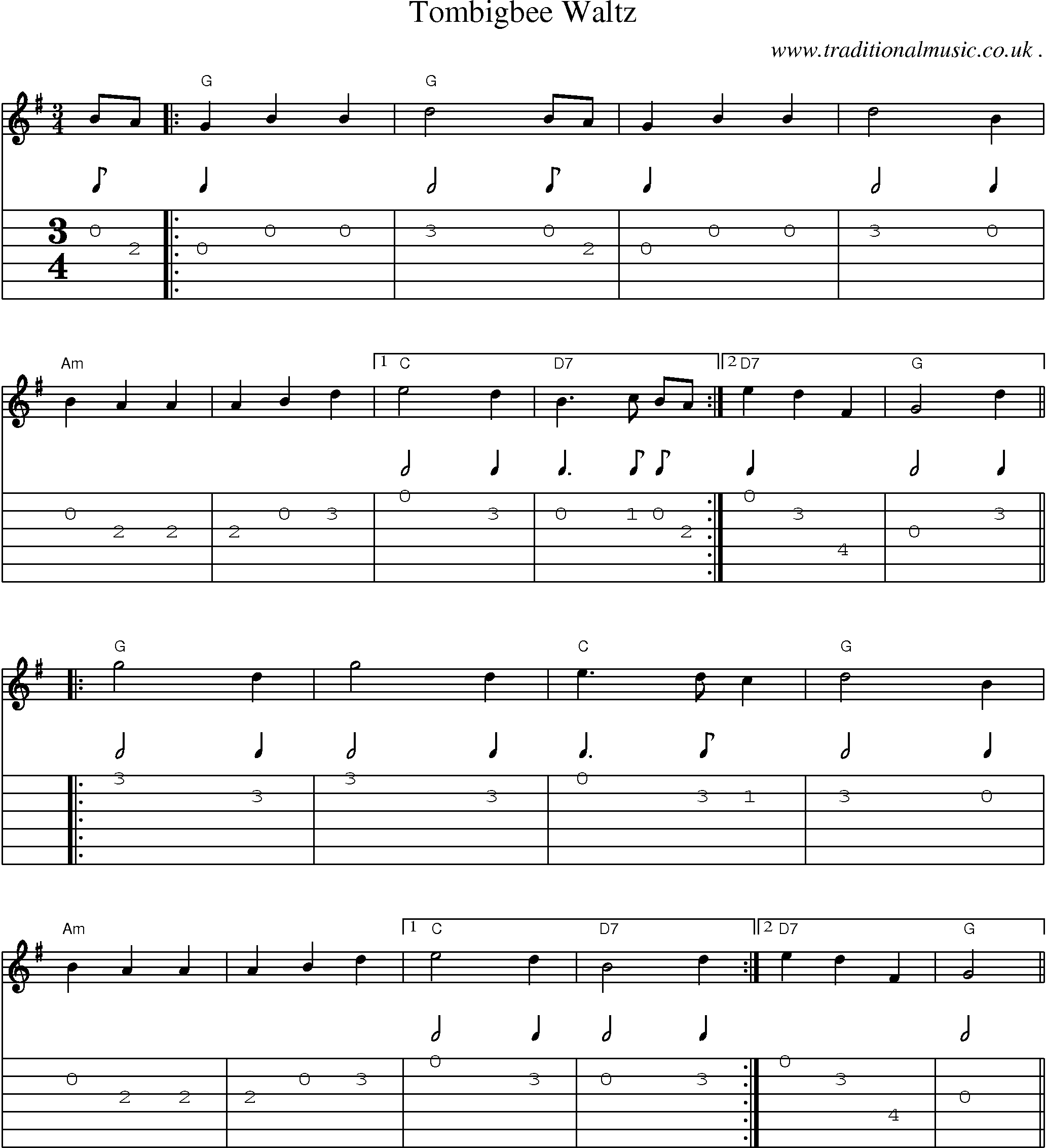 Music Score and Guitar Tabs for Tombigbee Waltz