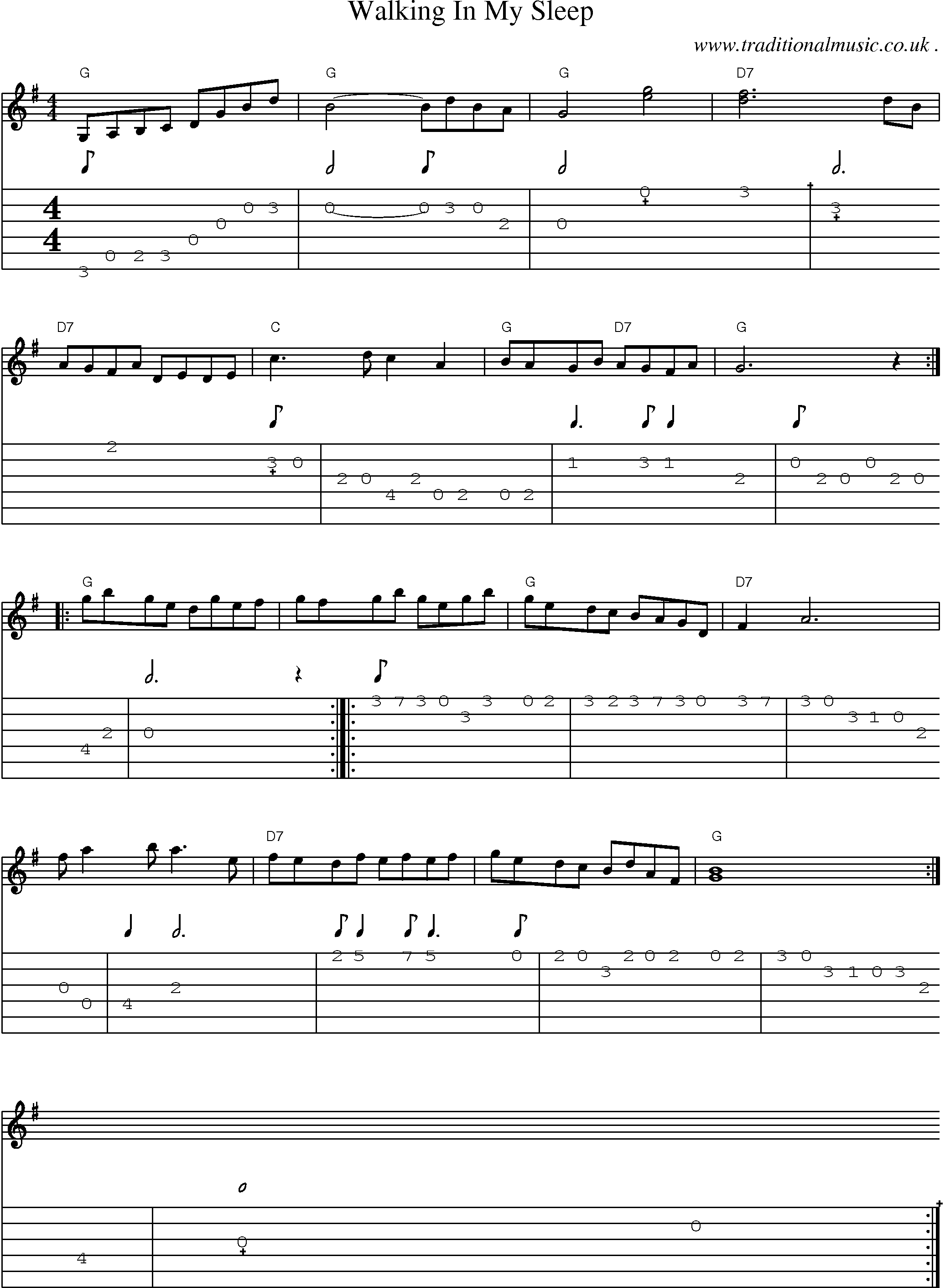 Music Score and Guitar Tabs for Walking In My Sleep