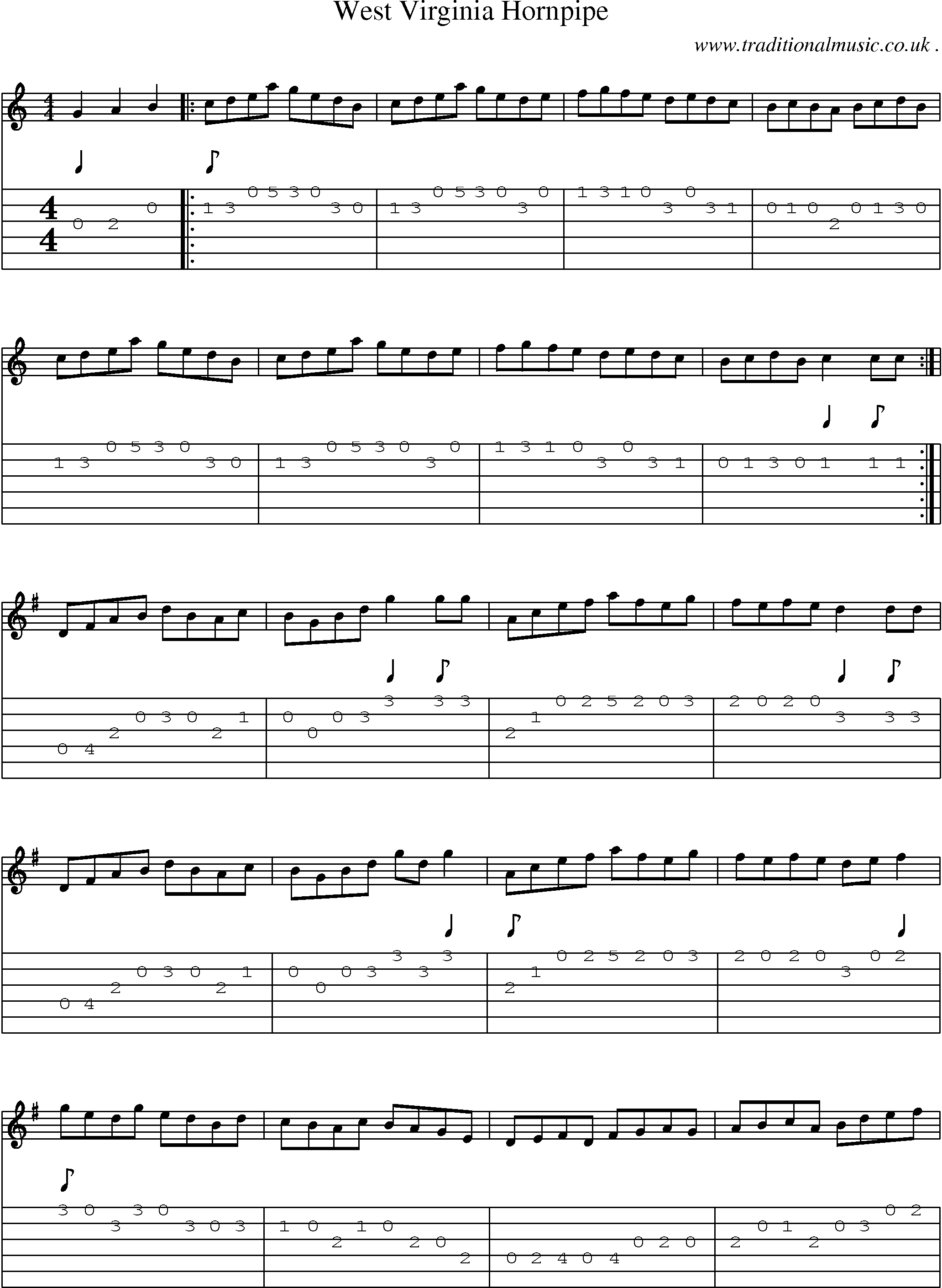 Music Score and Guitar Tabs for West Virginia Hornpipe