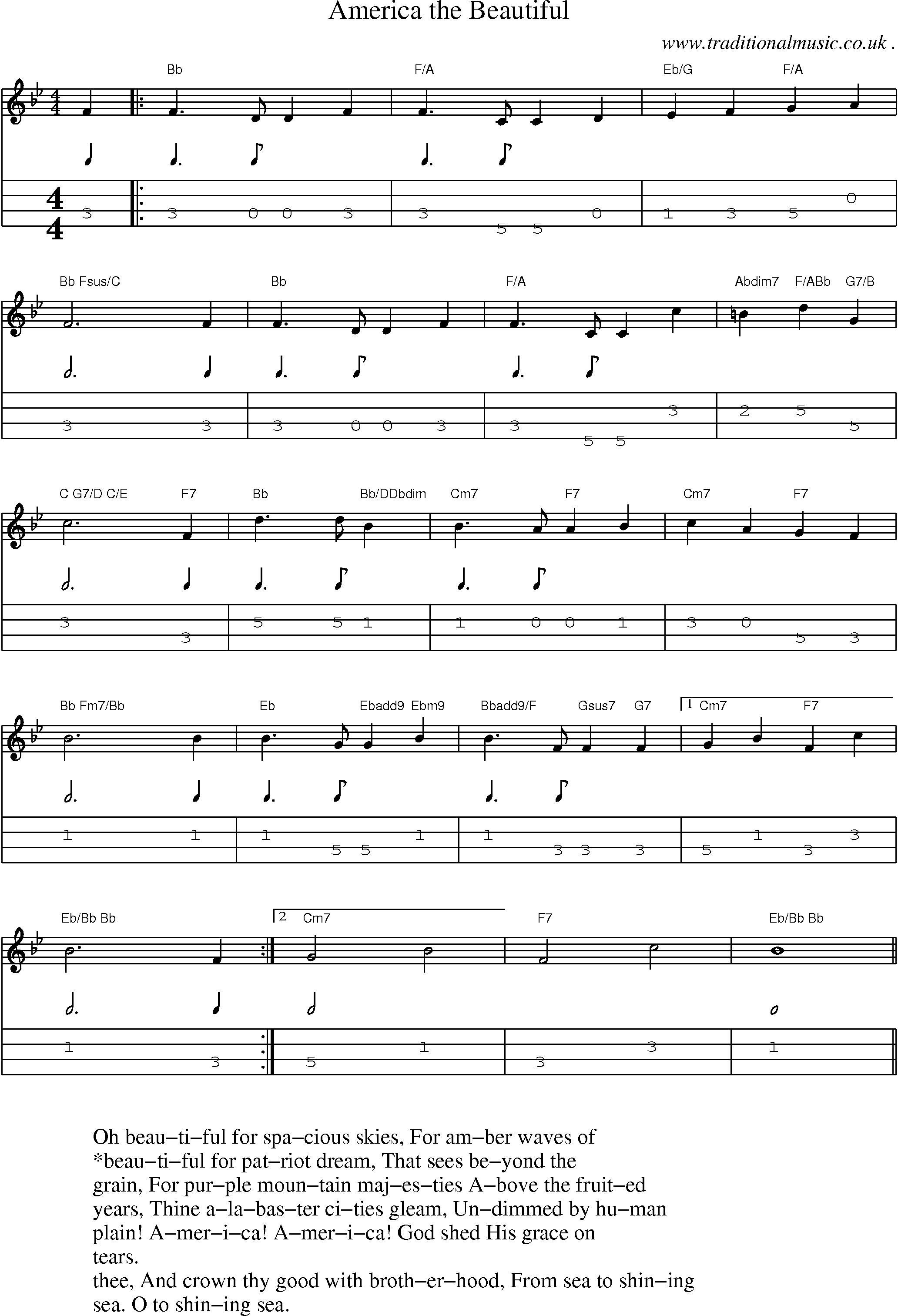 Music Score and Mandolin Tabs for America The Beautiful