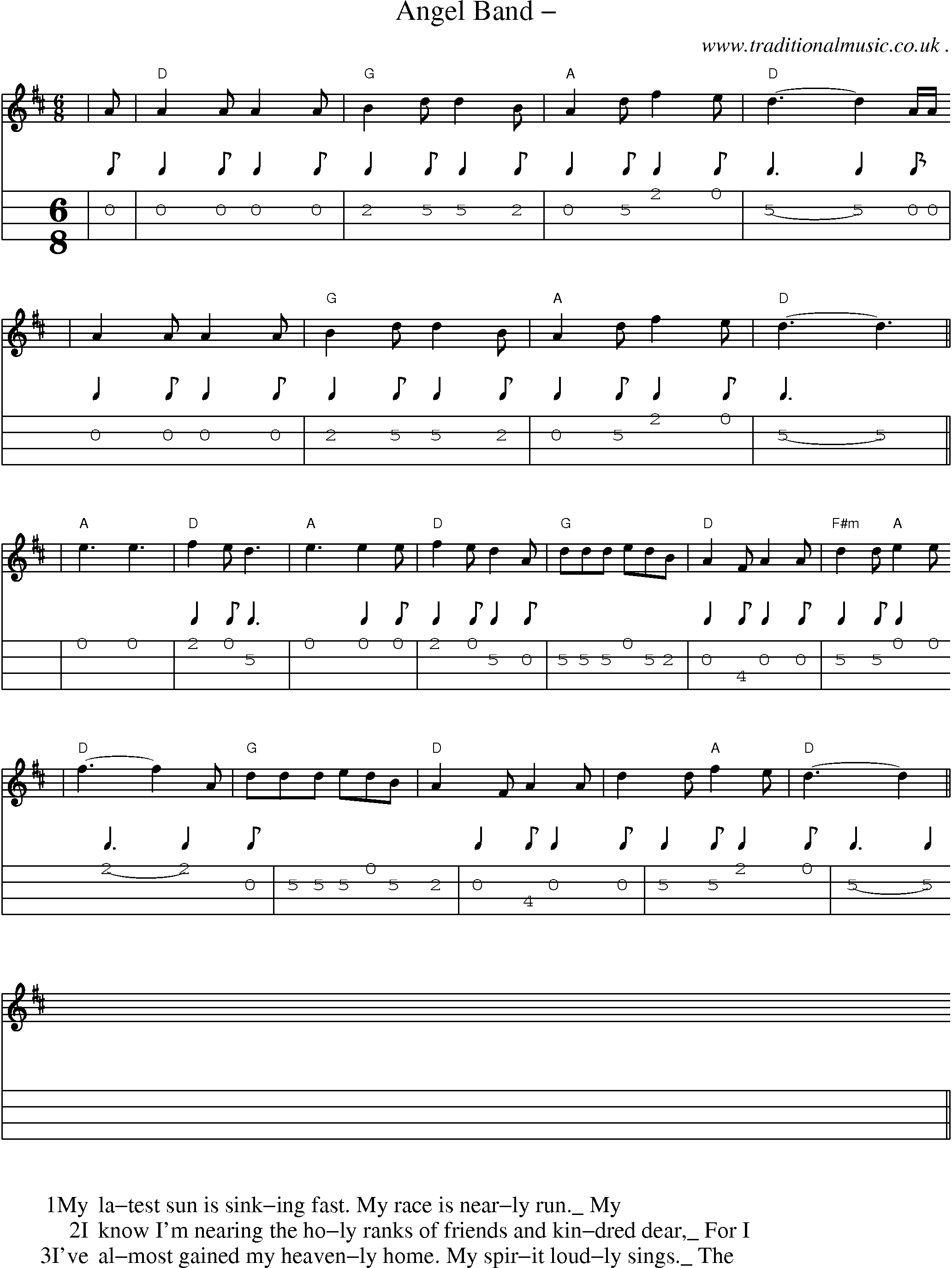 Music Score and Mandolin Tabs for Angel Band