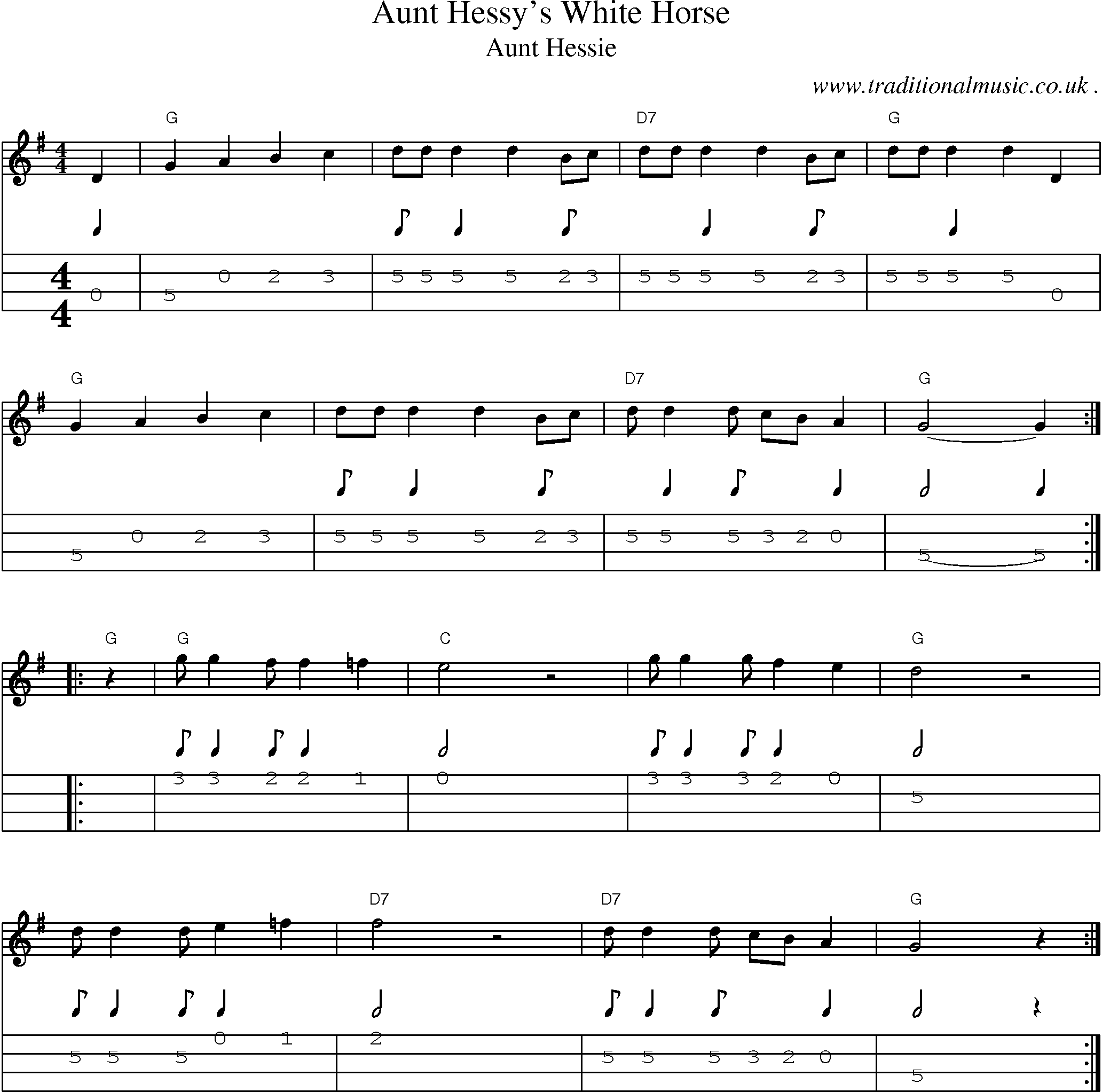 Music Score and Mandolin Tabs for Aunt Hessys White Horse