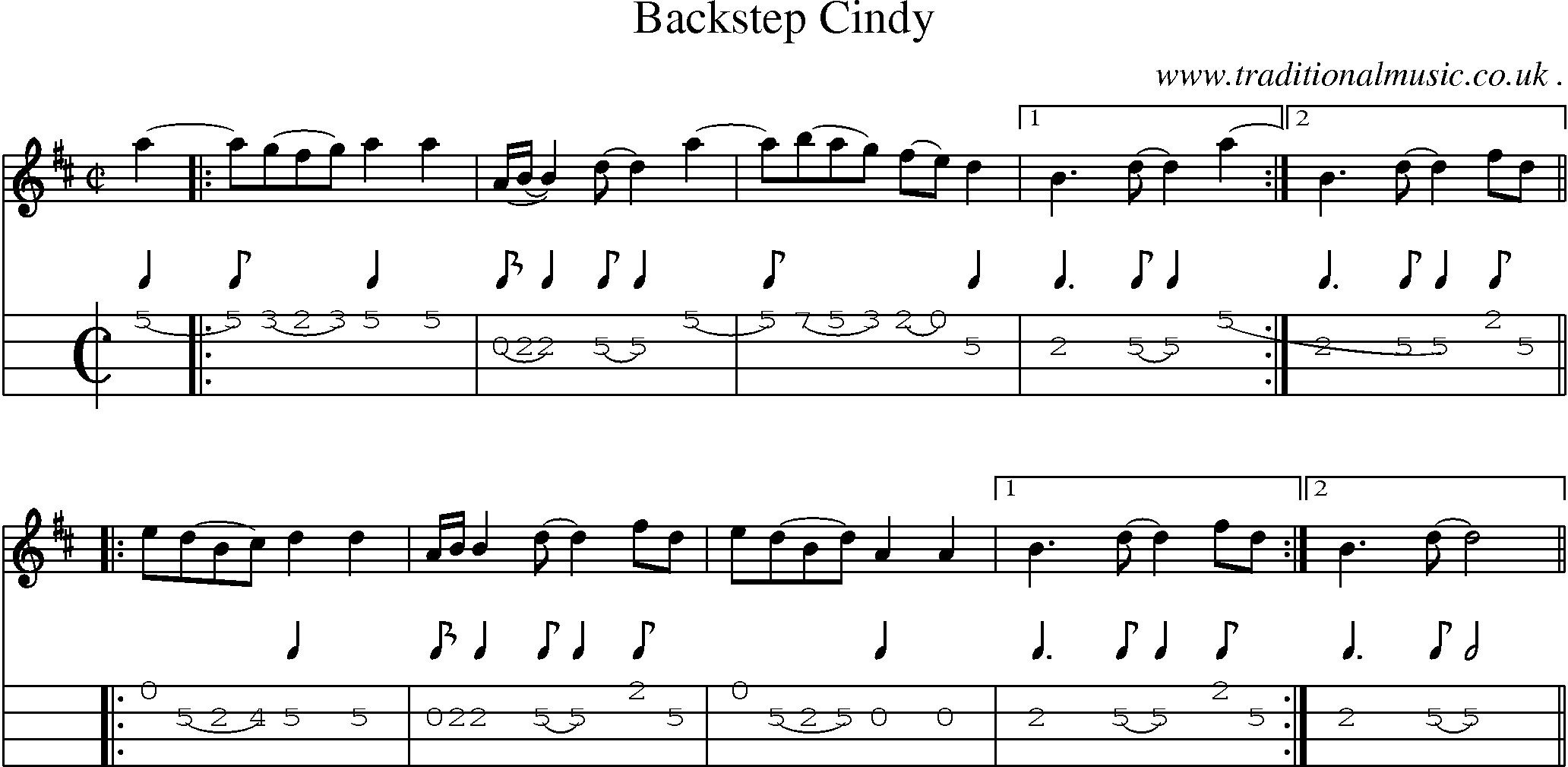 Music Score and Mandolin Tabs for Backstep Cindy