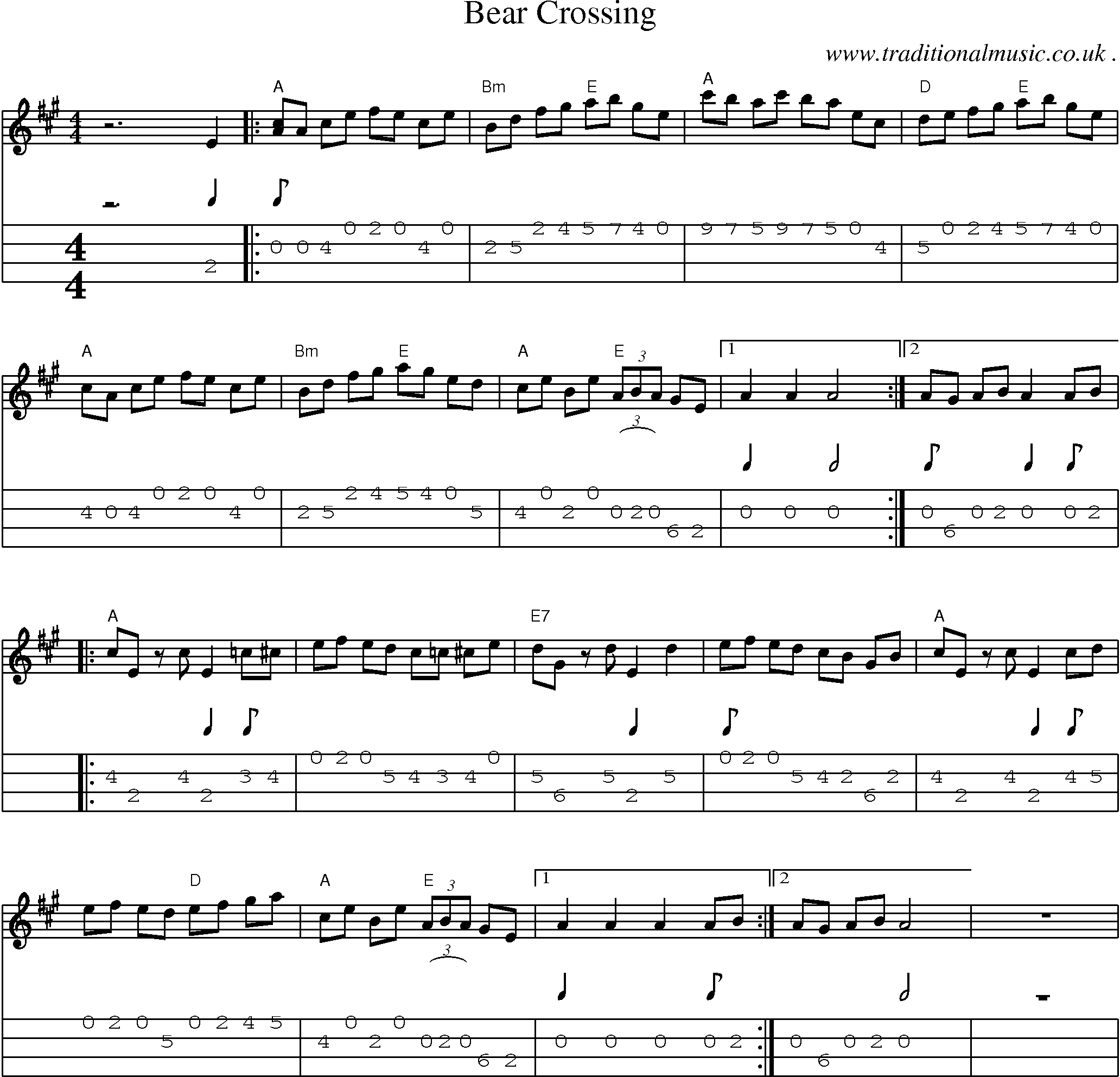 Music Score and Mandolin Tabs for Bear Crossing