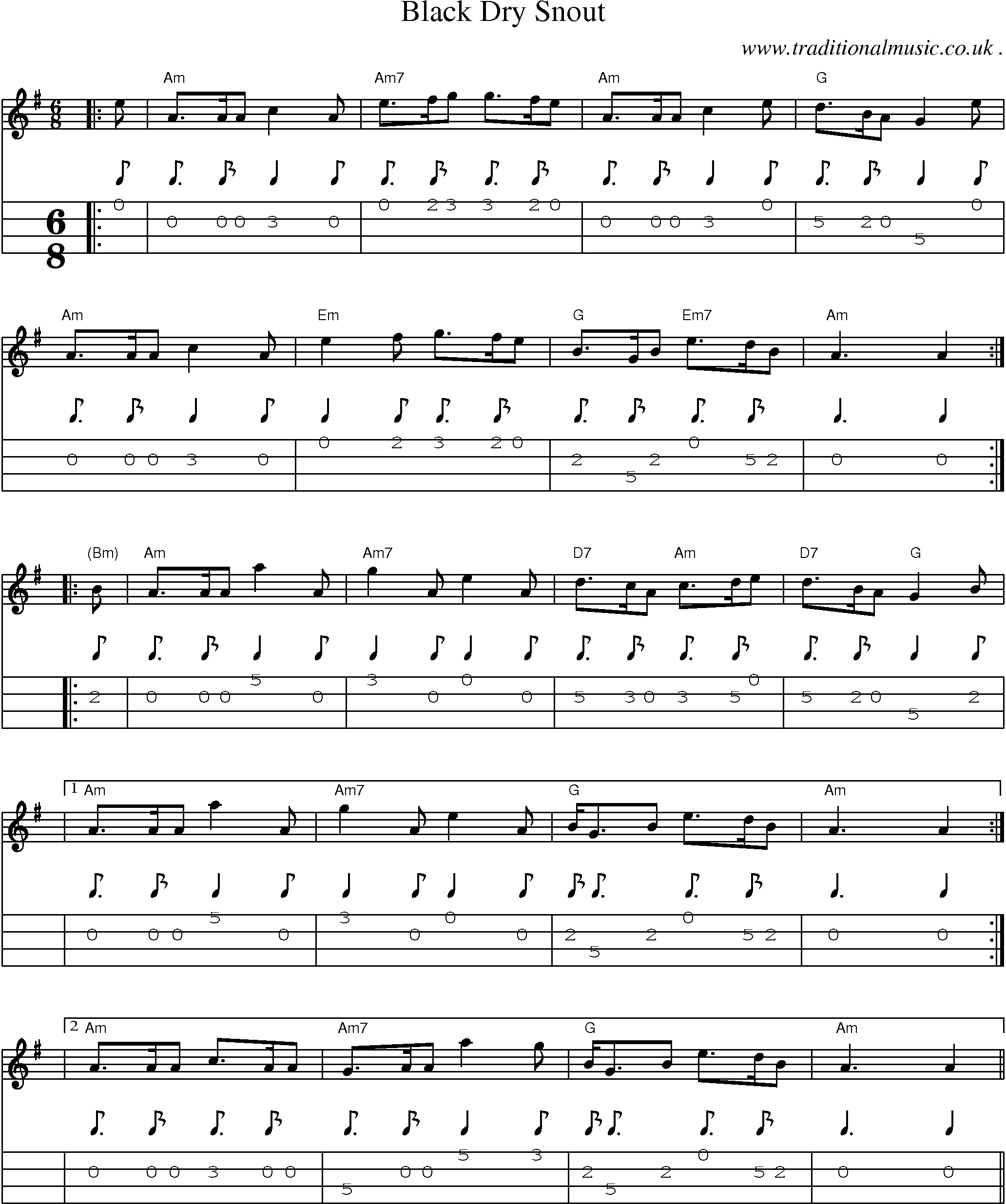 Music Score and Mandolin Tabs for Black Dry Snout