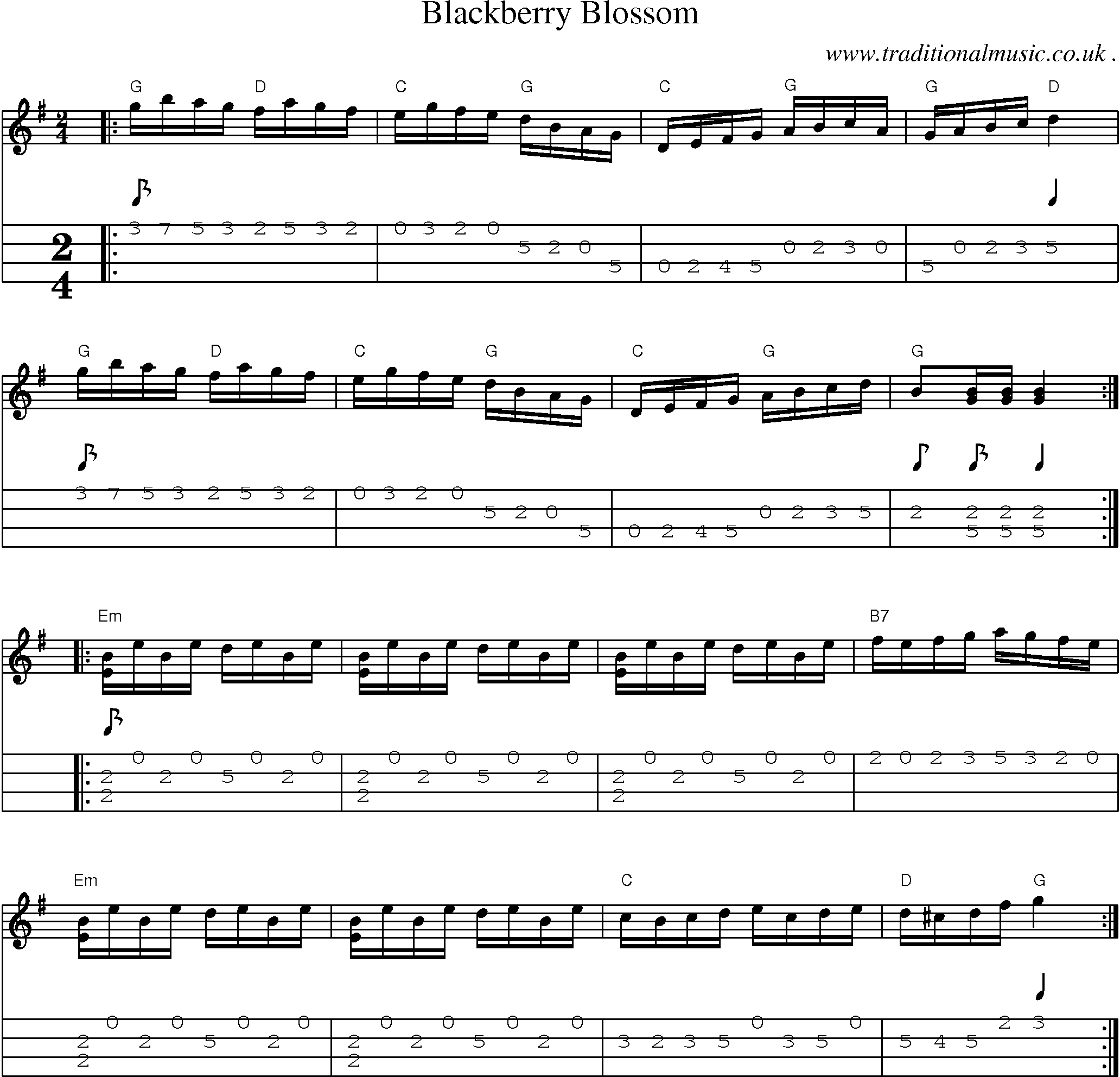 Music Score and Mandolin Tabs for Blackberry Blossom