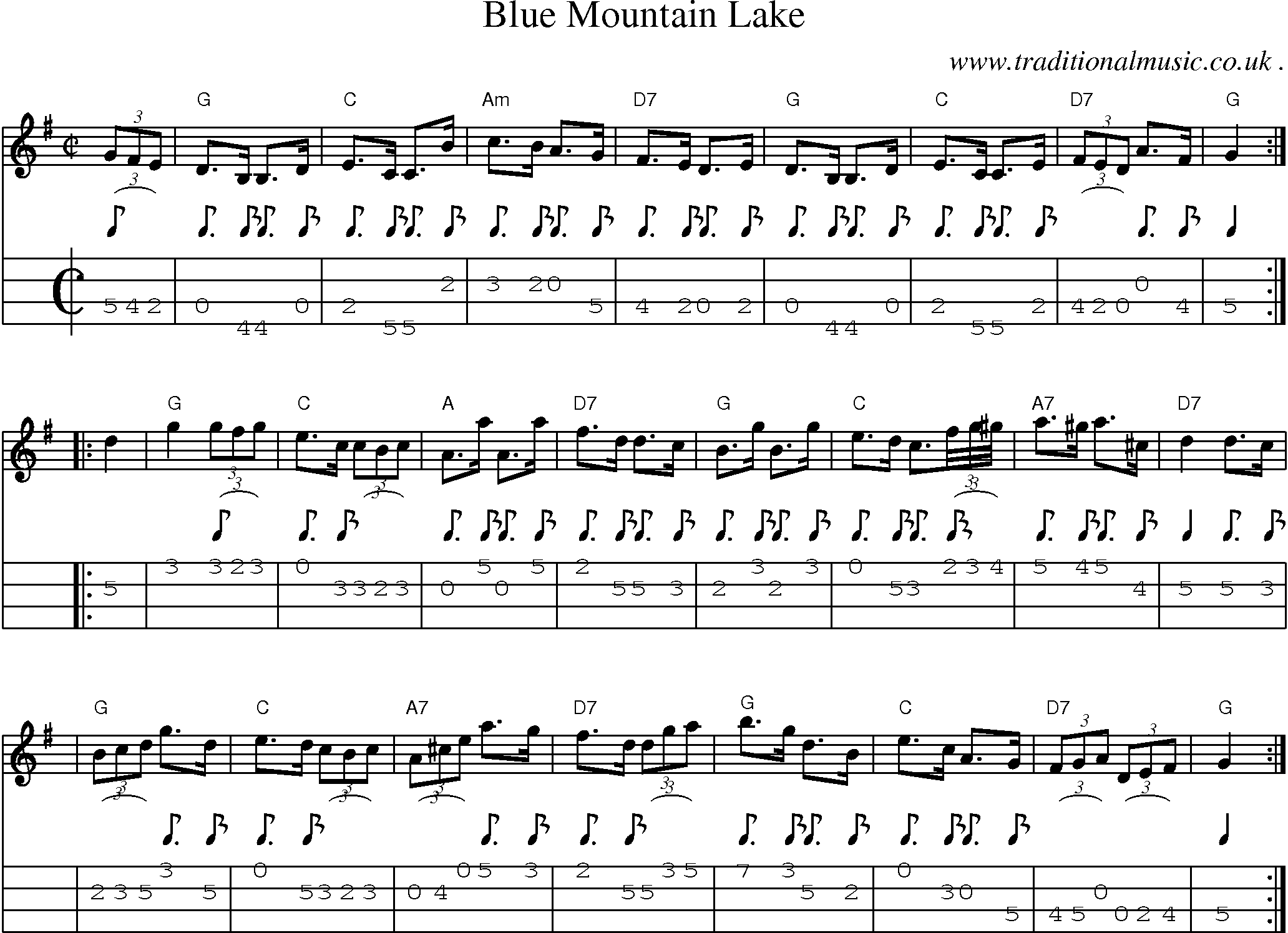 Music Score and Mandolin Tabs for Blue Mountain Lake