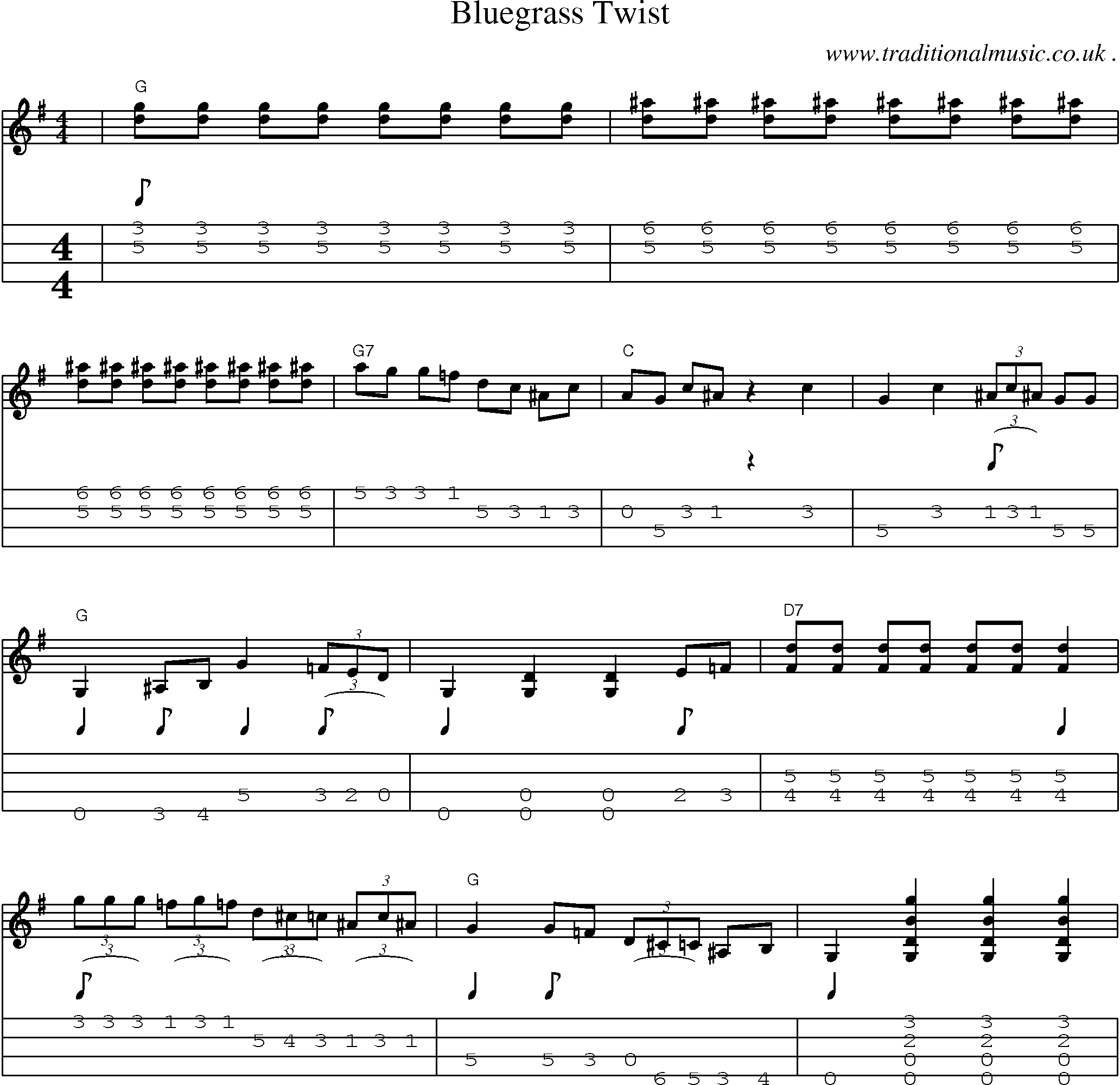 Music Score and Mandolin Tabs for Bluegrass Twist