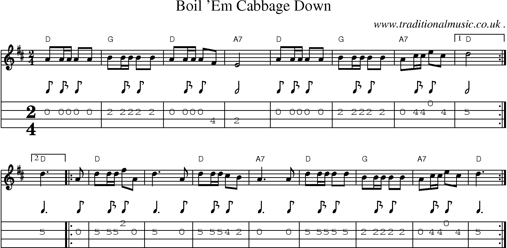 Music Score and Mandolin Tabs for Boil em Cabbage Down