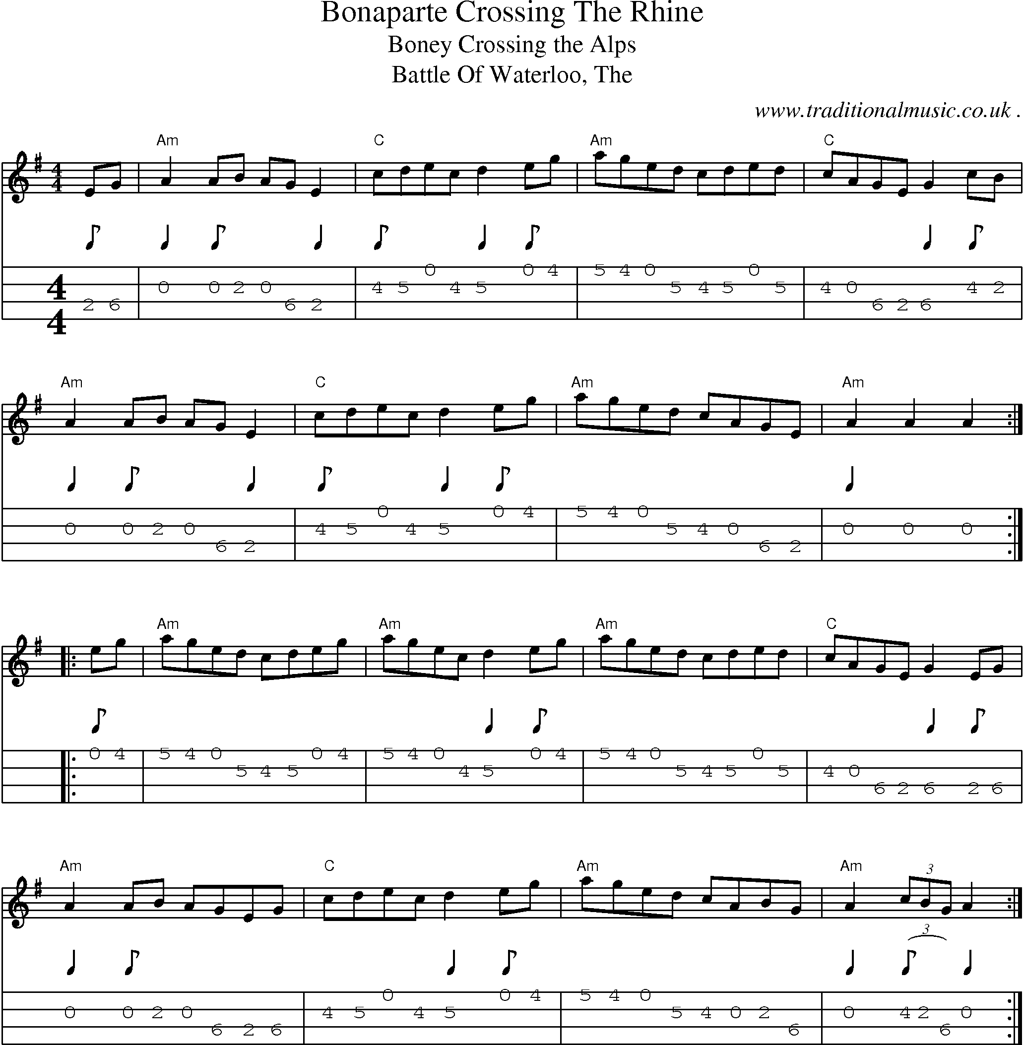 Music Score and Mandolin Tabs for Bonaparte Crossing The Rhine