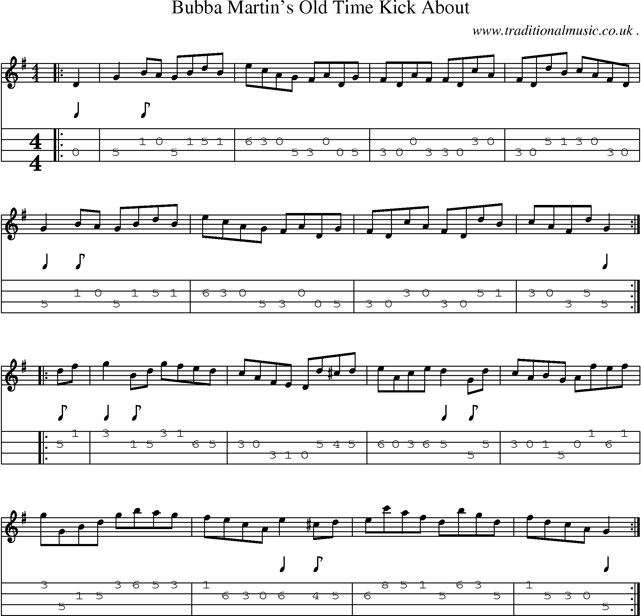Music Score and Mandolin Tabs for Bubba Martins Old Time Kick About