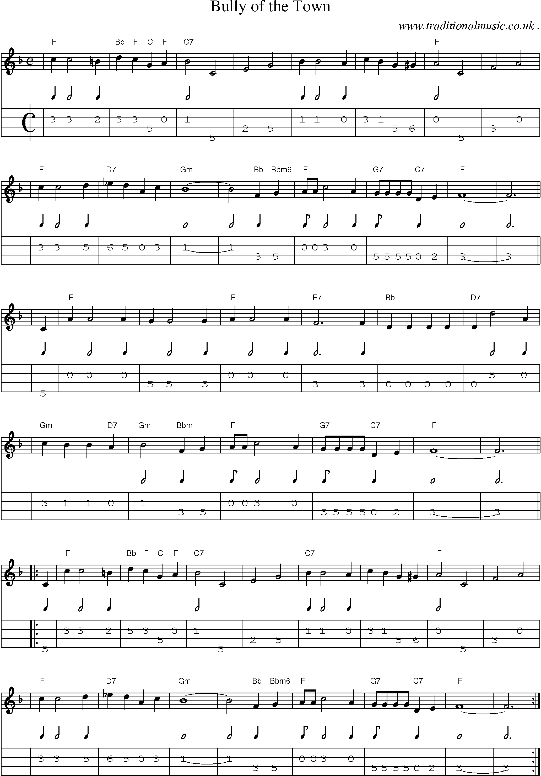 Music Score and Mandolin Tabs for Bully Of The Town