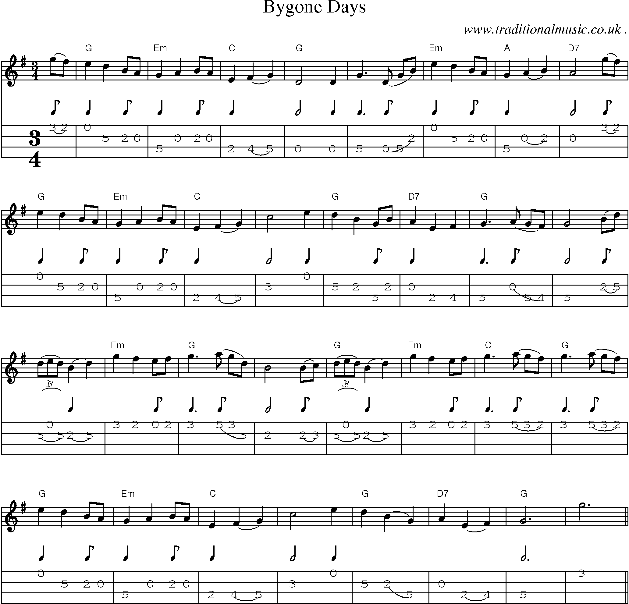 Music Score and Mandolin Tabs for Bygone Days