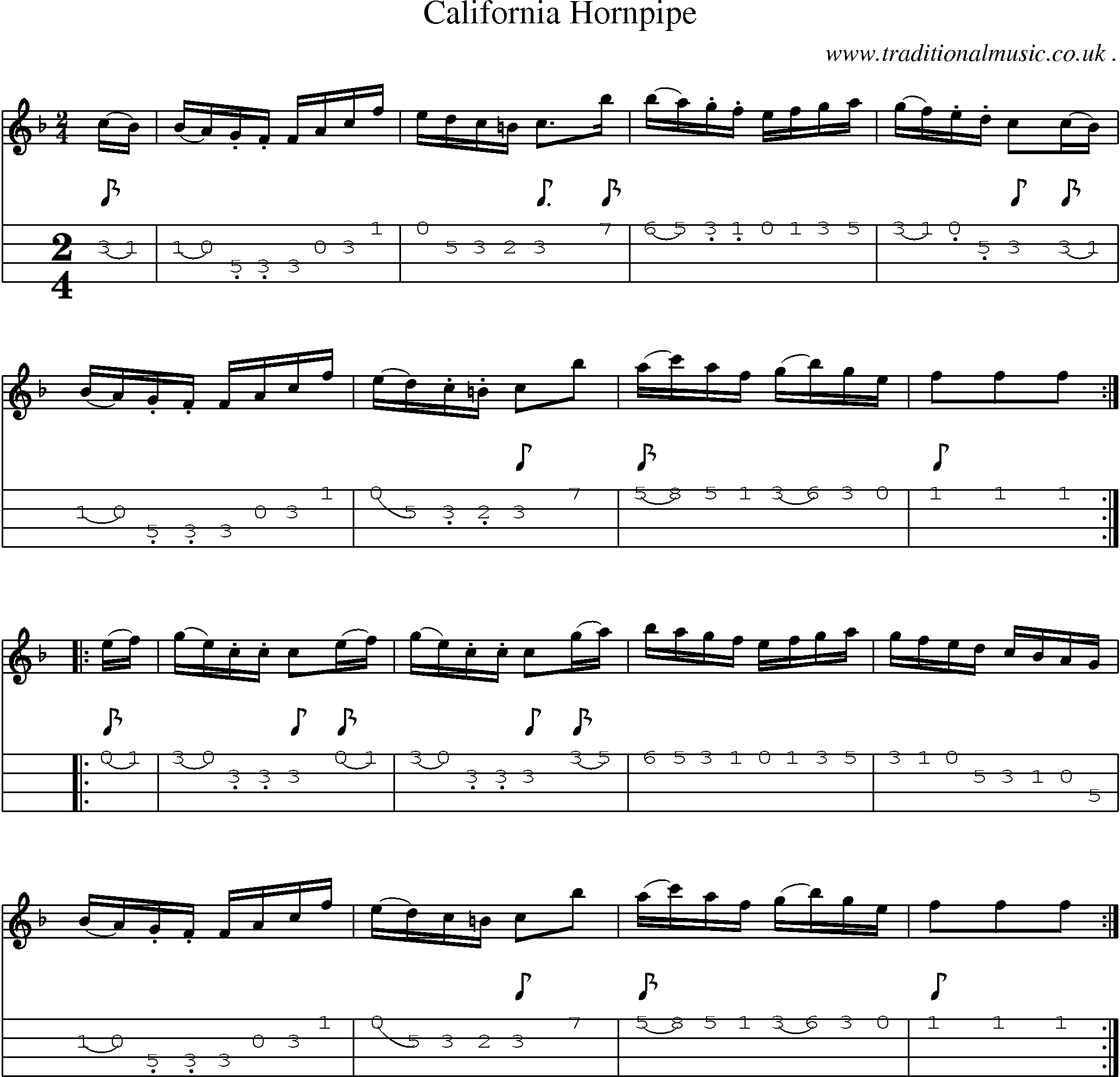 Music Score and Mandolin Tabs for California Hornpipe