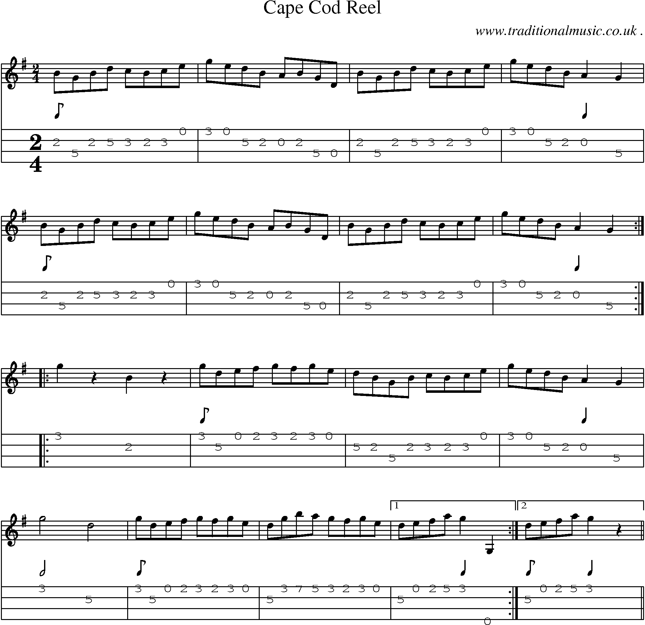Music Score and Mandolin Tabs for Cape Cod Reel