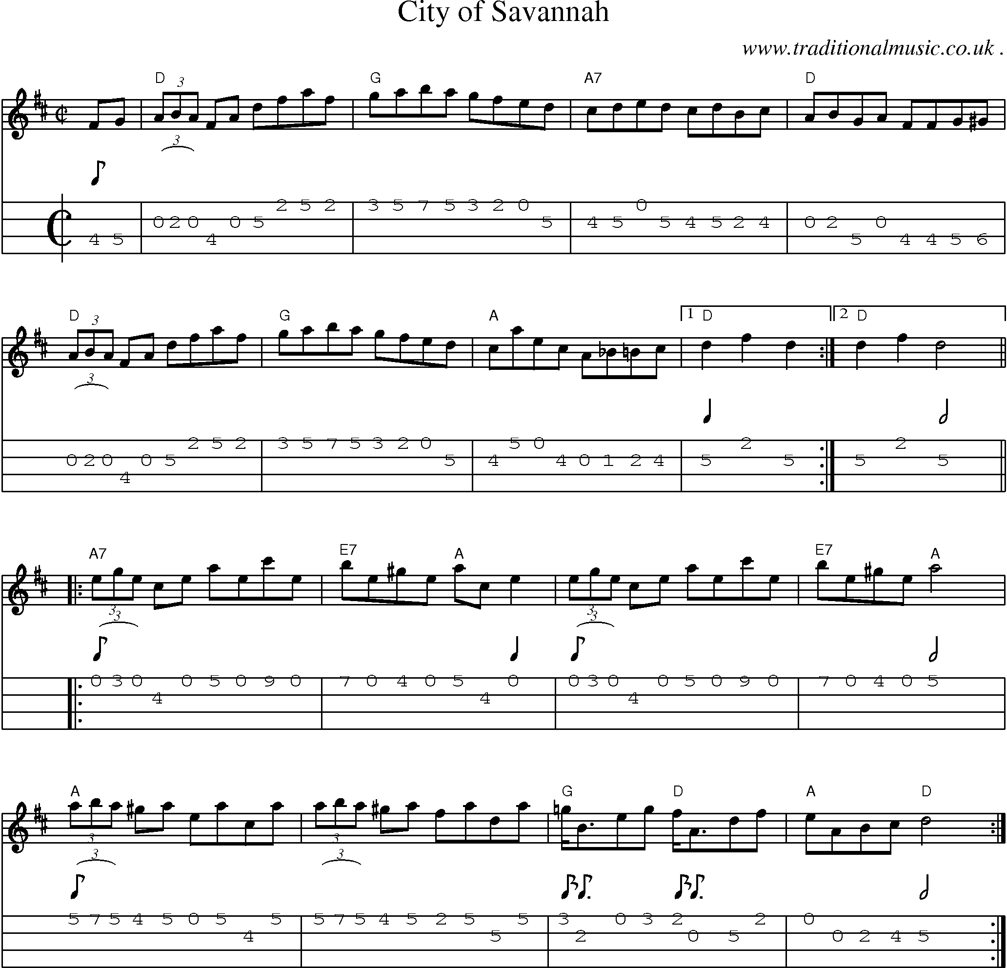 Music Score and Mandolin Tabs for City Of Savannah