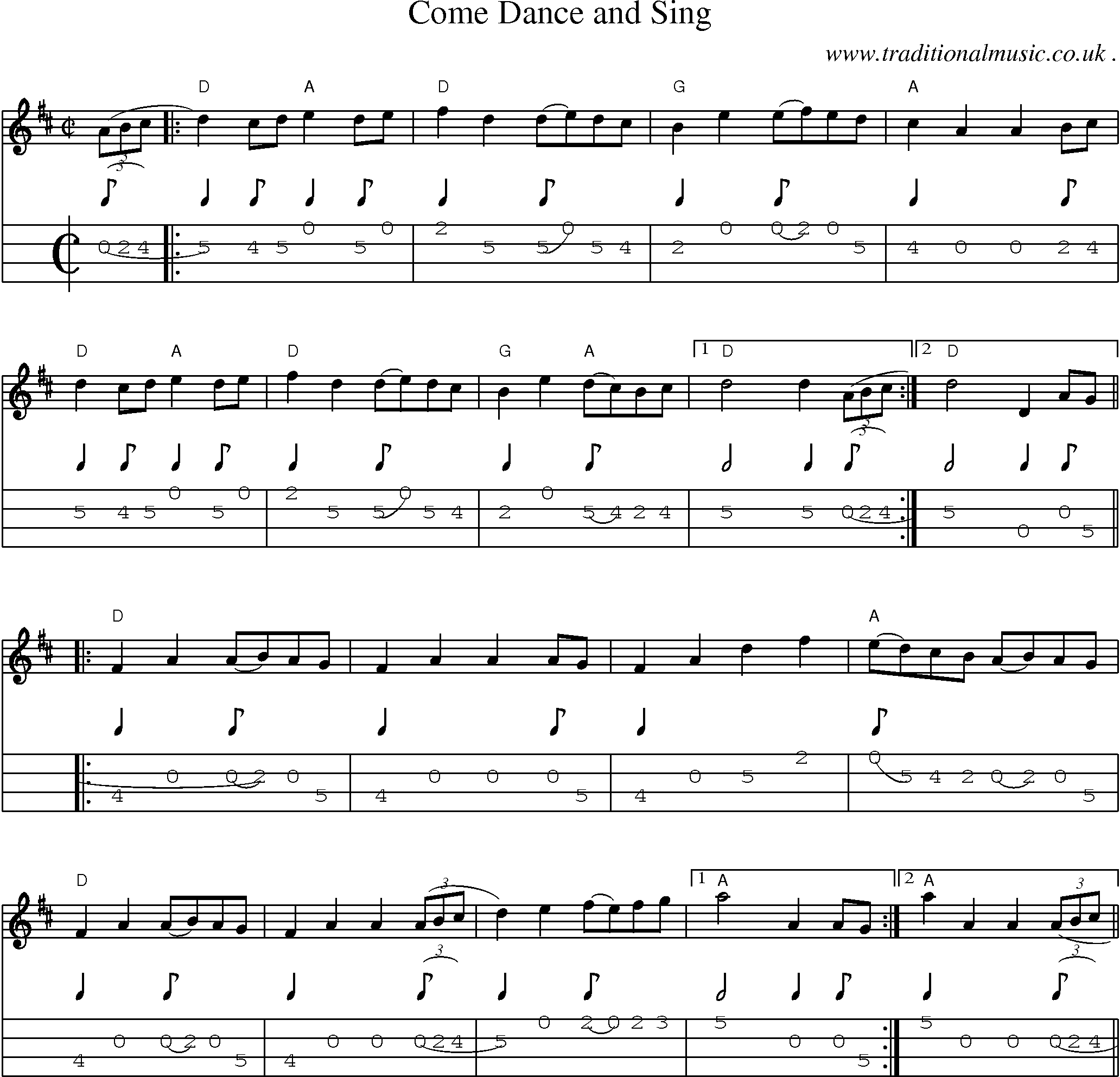 Music Score and Mandolin Tabs for Come Dance And Sing