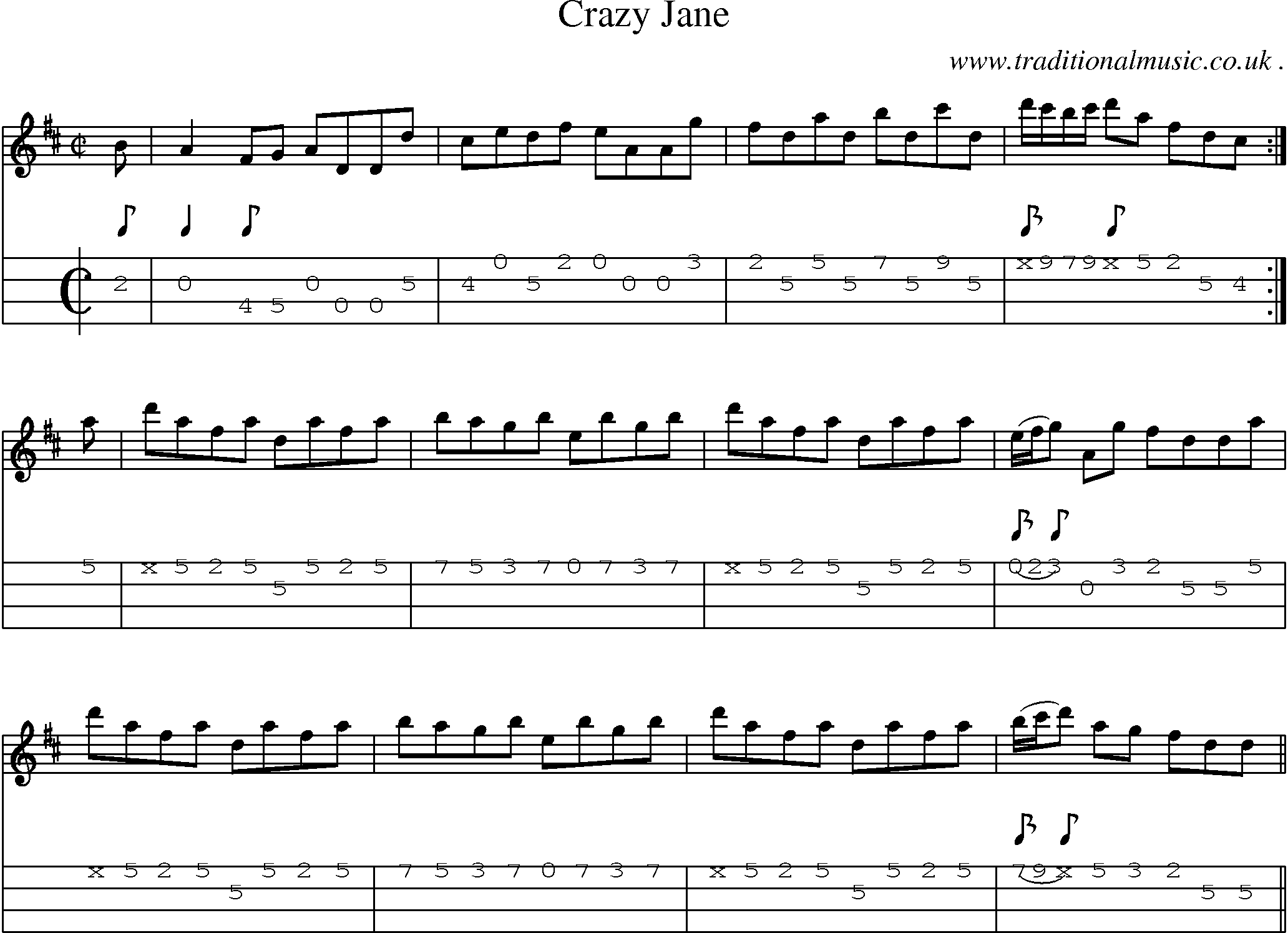Music Score and Mandolin Tabs for Crazy Jane
