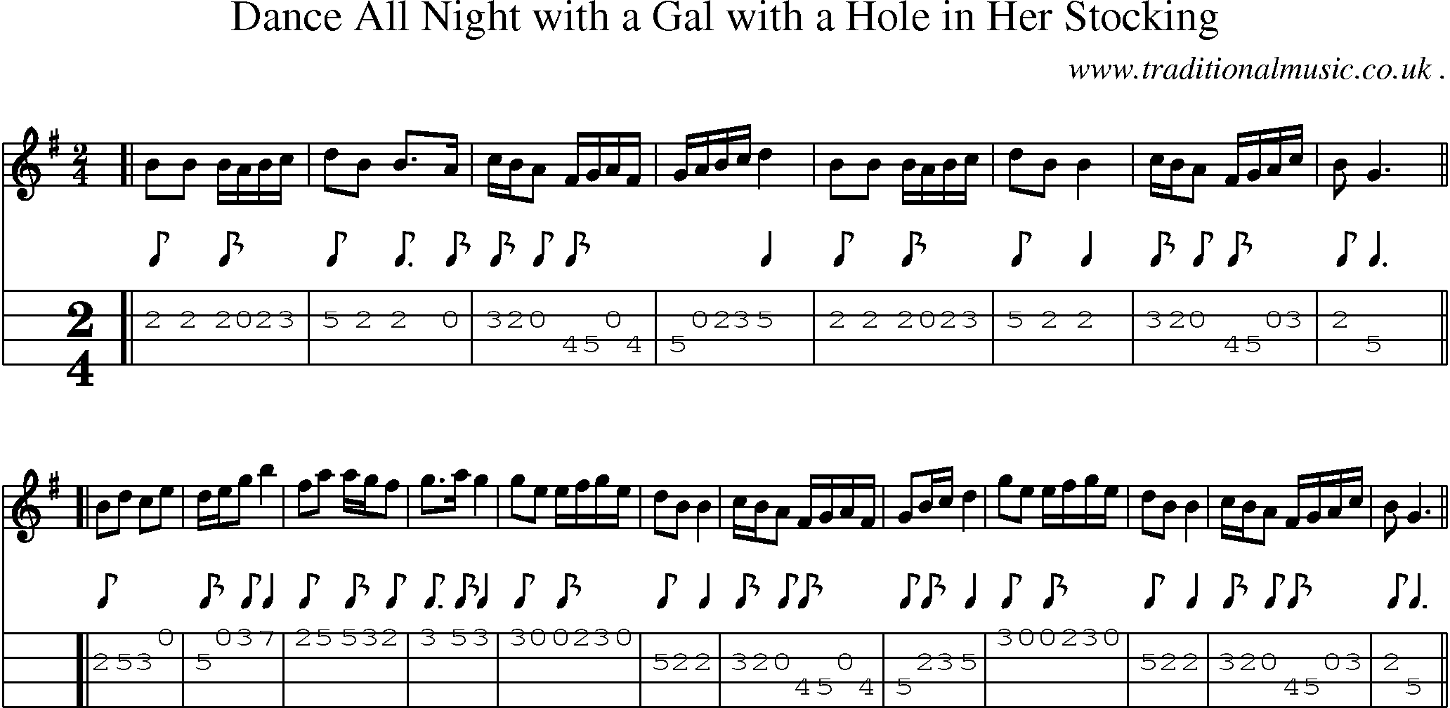 Music Score and Mandolin Tabs for Dance All Night With A Gal With A Hole In Her Stocking