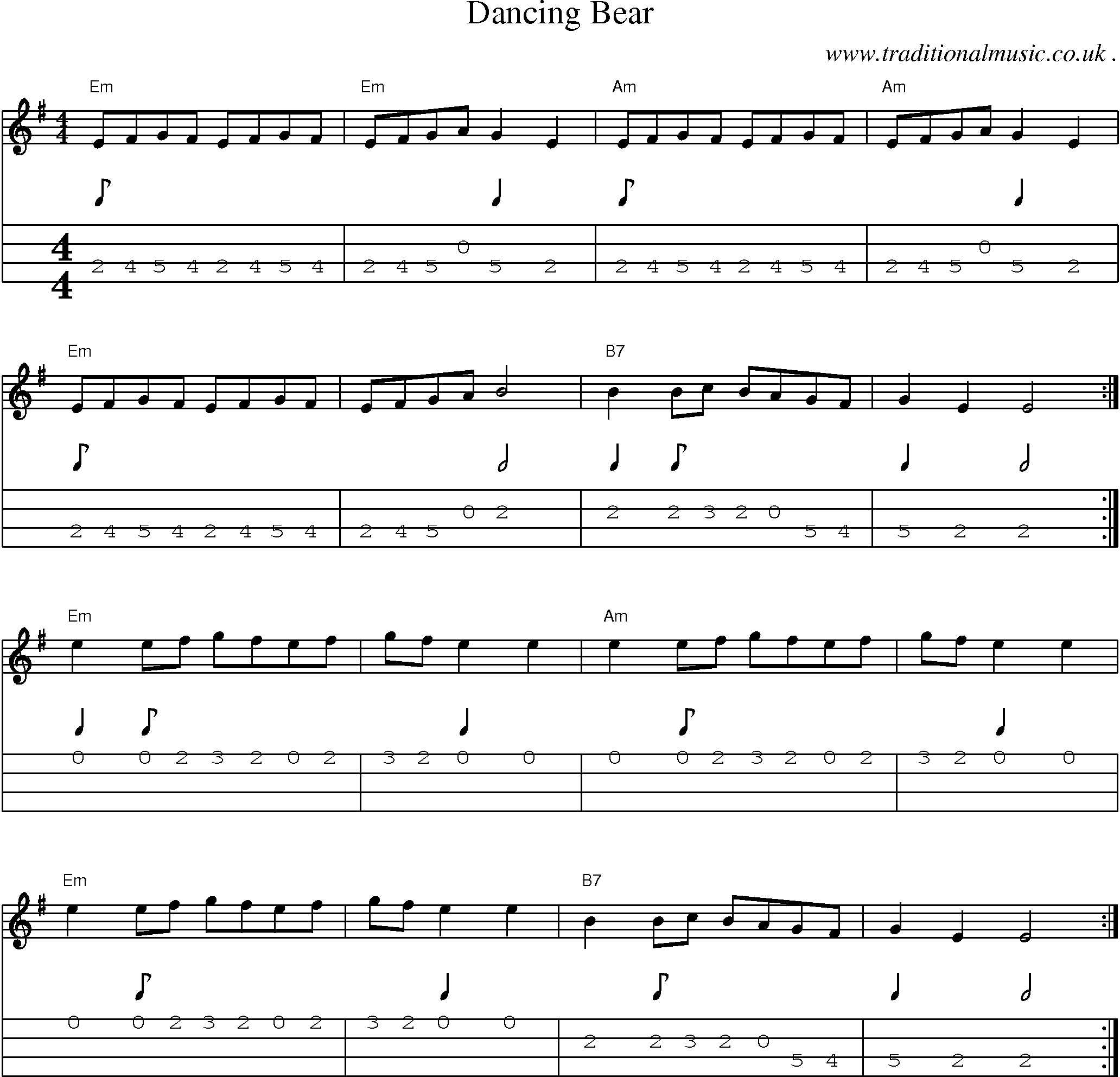 Music Score and Mandolin Tabs for Dancing Bear