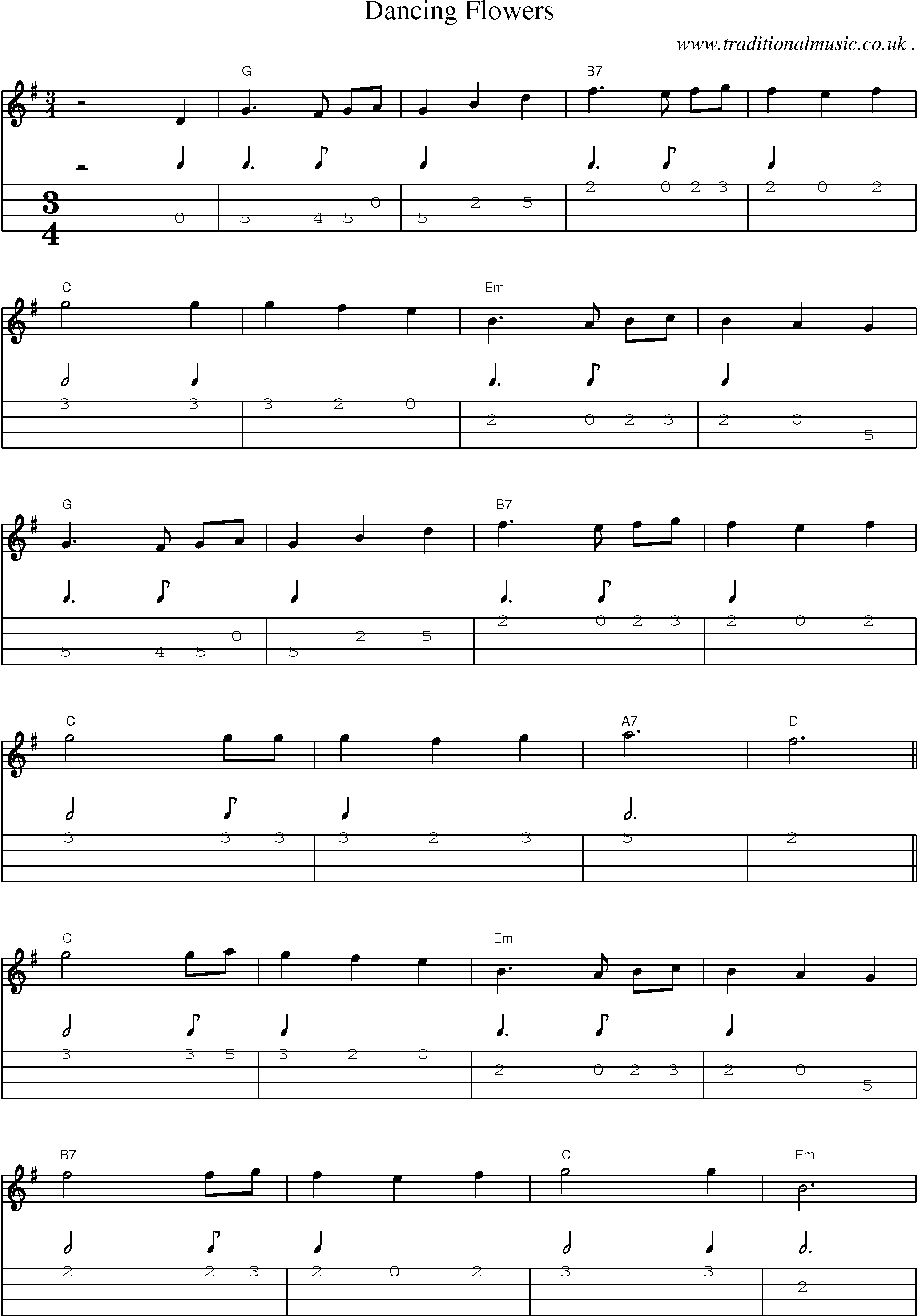Music Score and Mandolin Tabs for Dancing Flowers