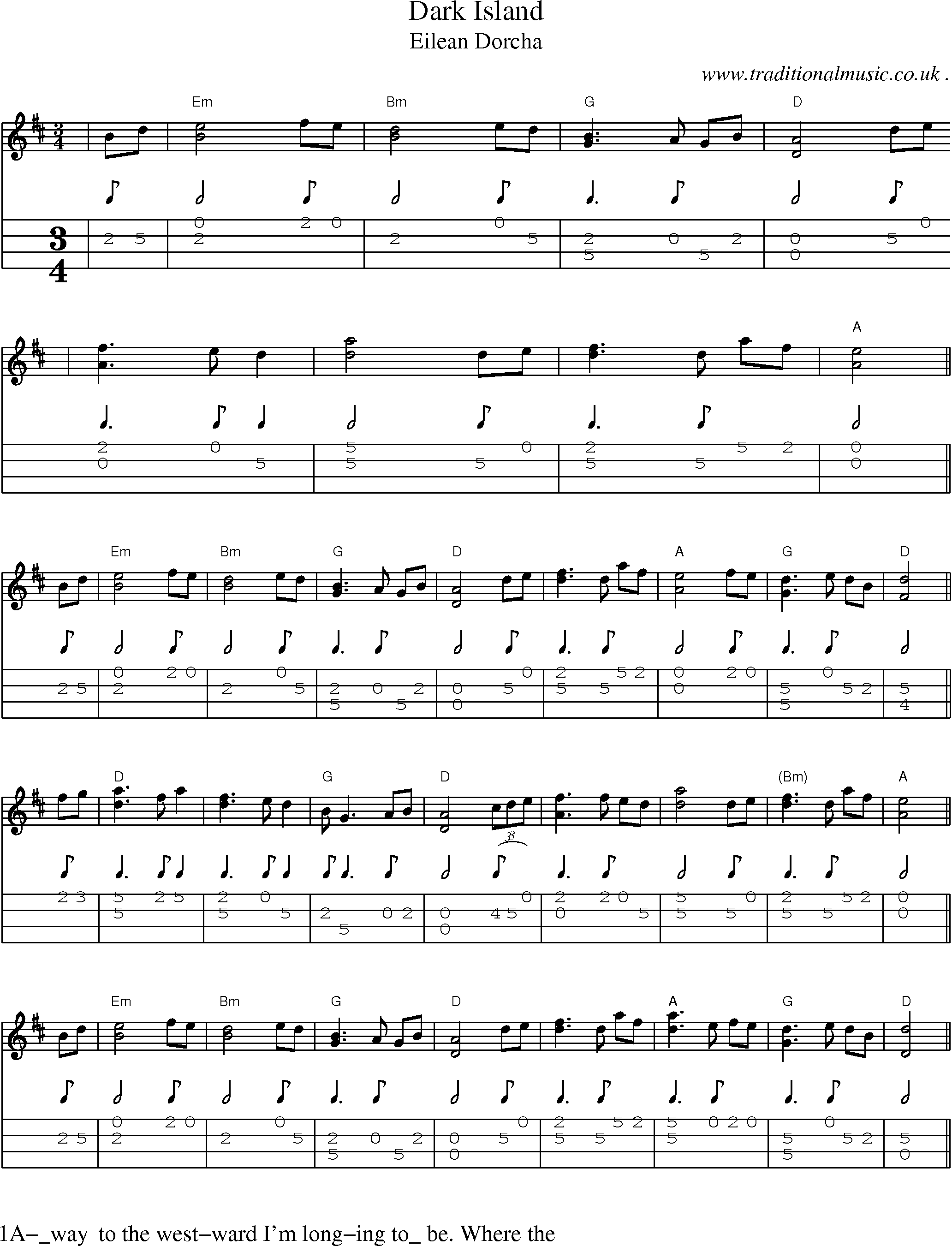 Music Score and Mandolin Tabs for Dark Island