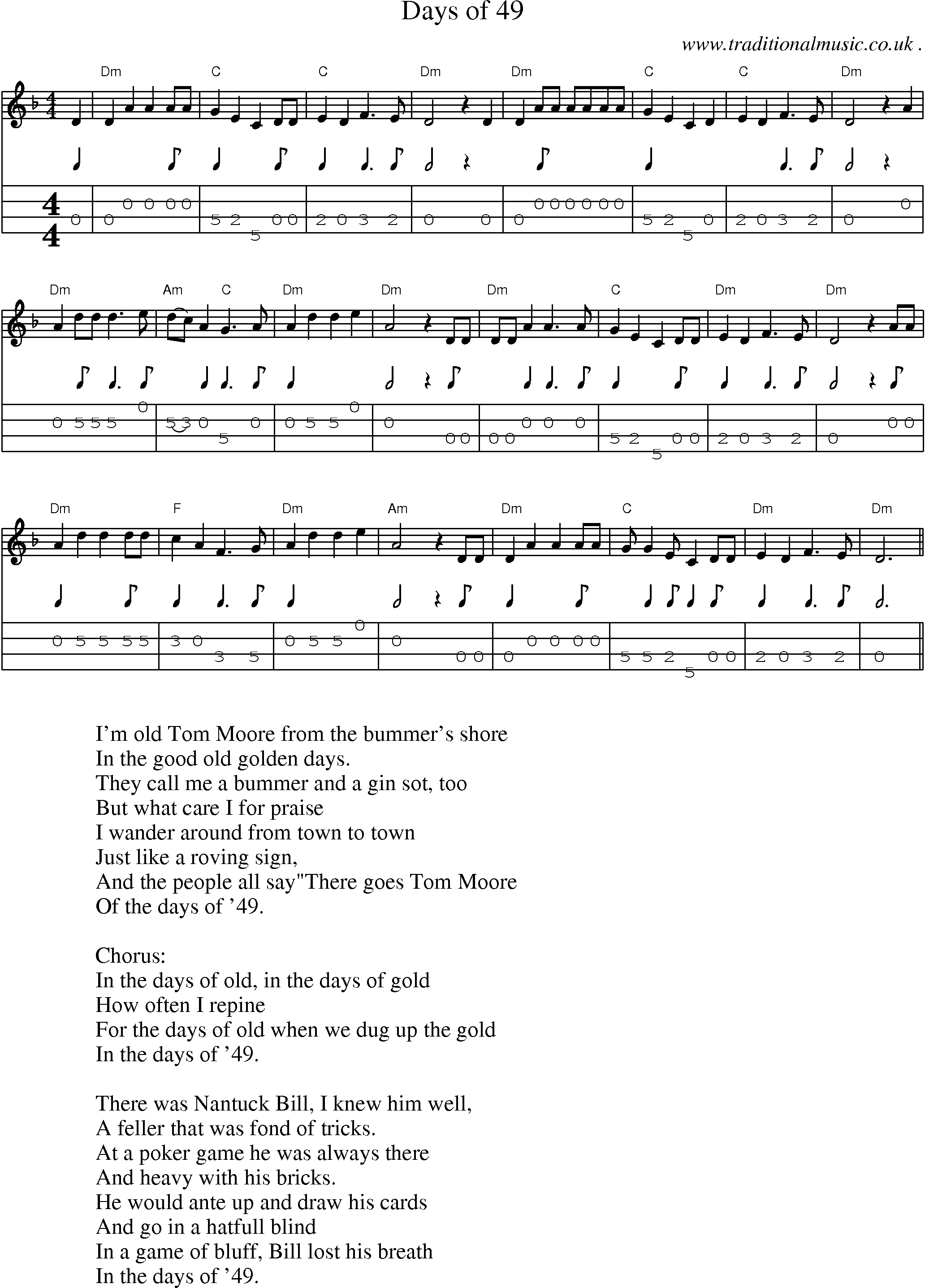 Music Score and Mandolin Tabs for Days Of 49