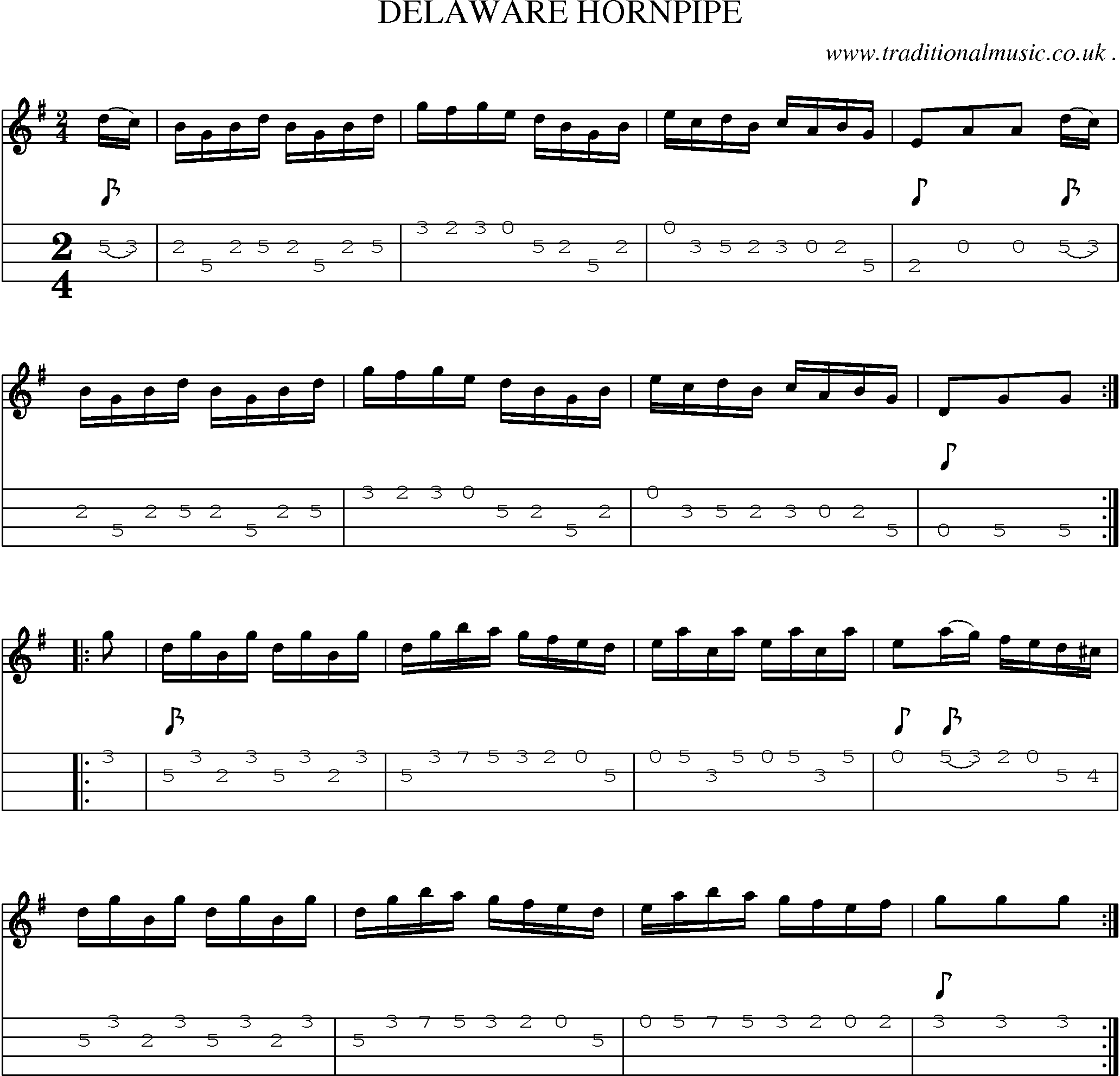 Music Score and Mandolin Tabs for Delaware Hornpipe