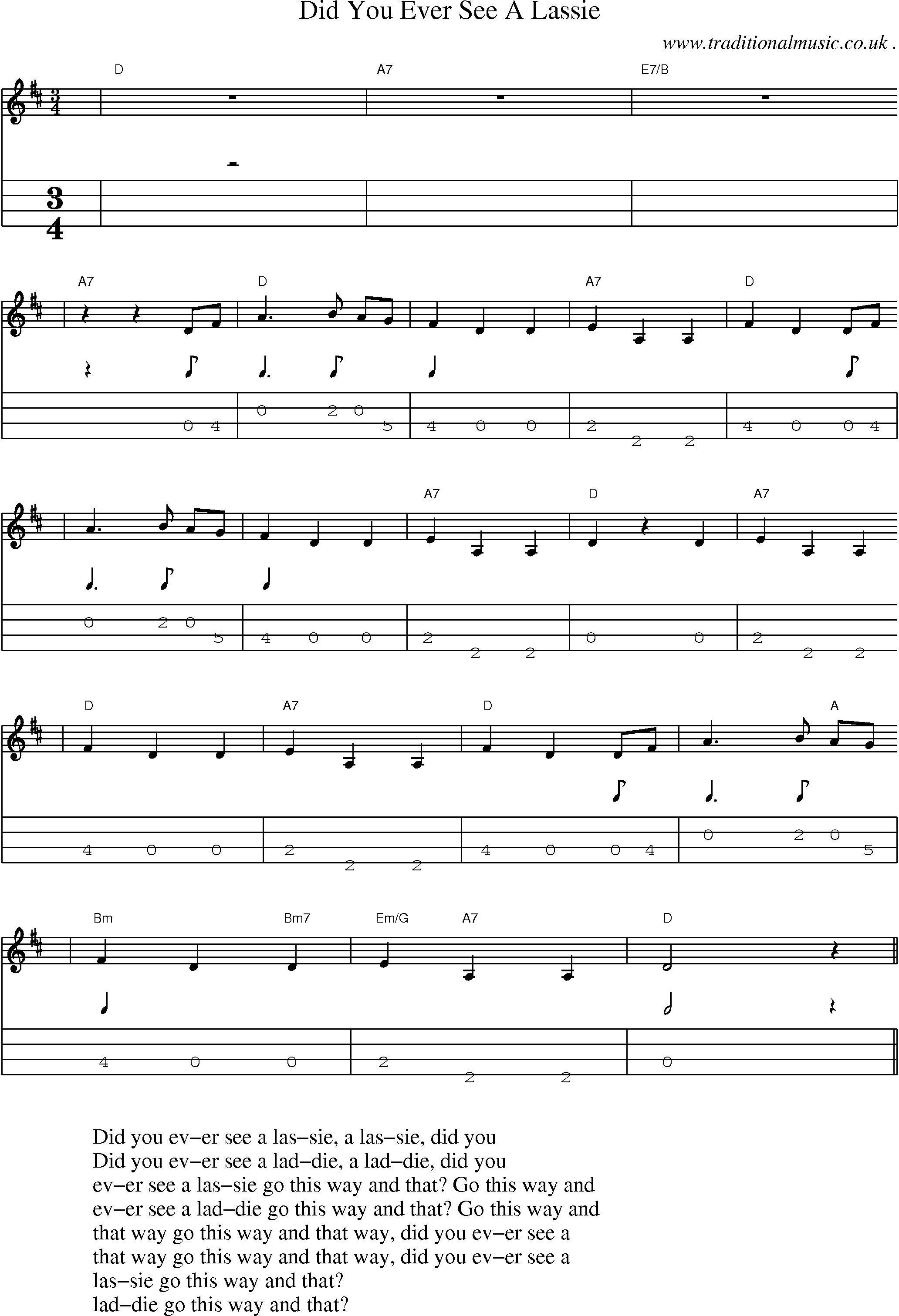 Music Score and Mandolin Tabs for Did You Ever See A Lassie