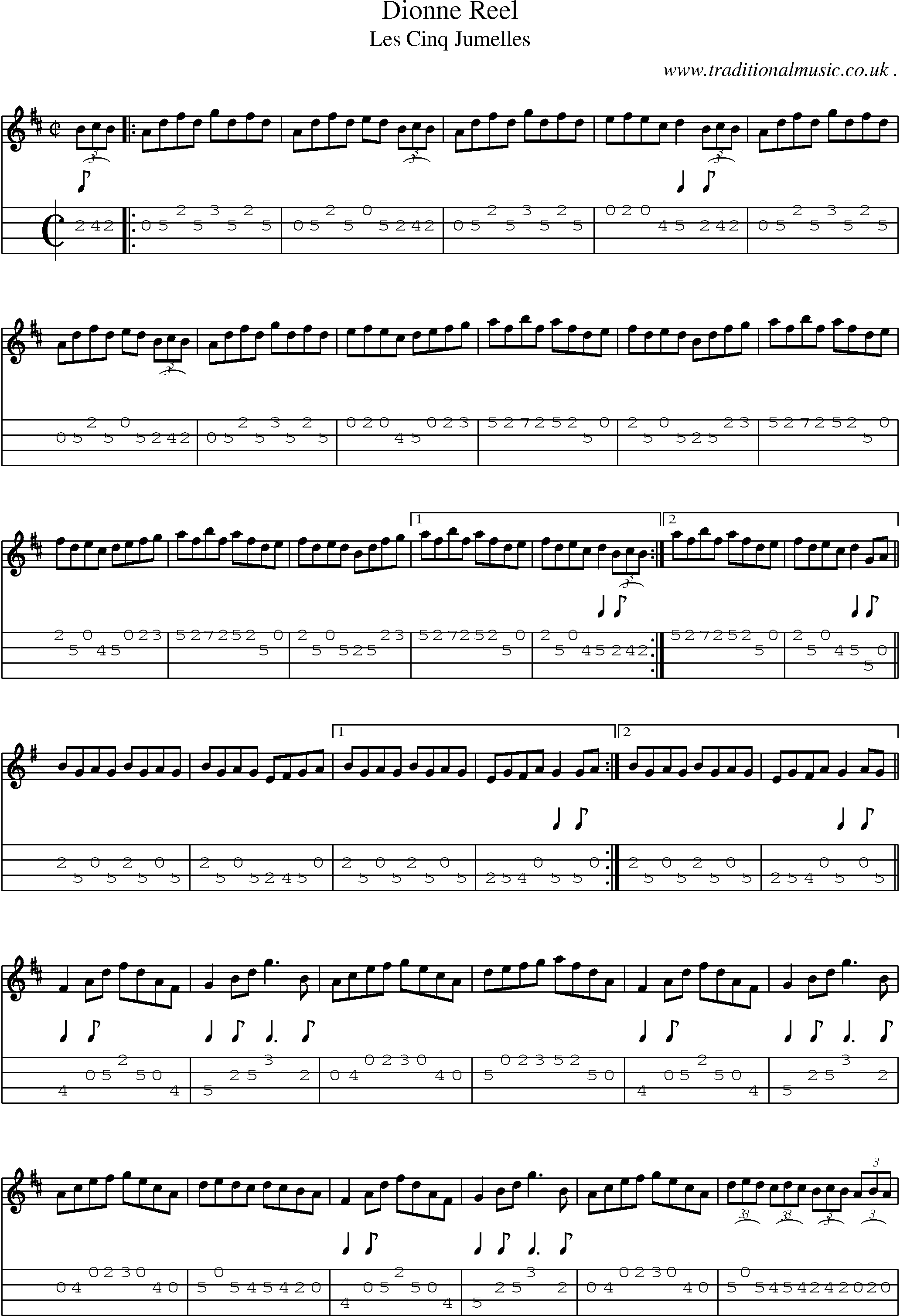 Music Score and Mandolin Tabs for Dionne Reel