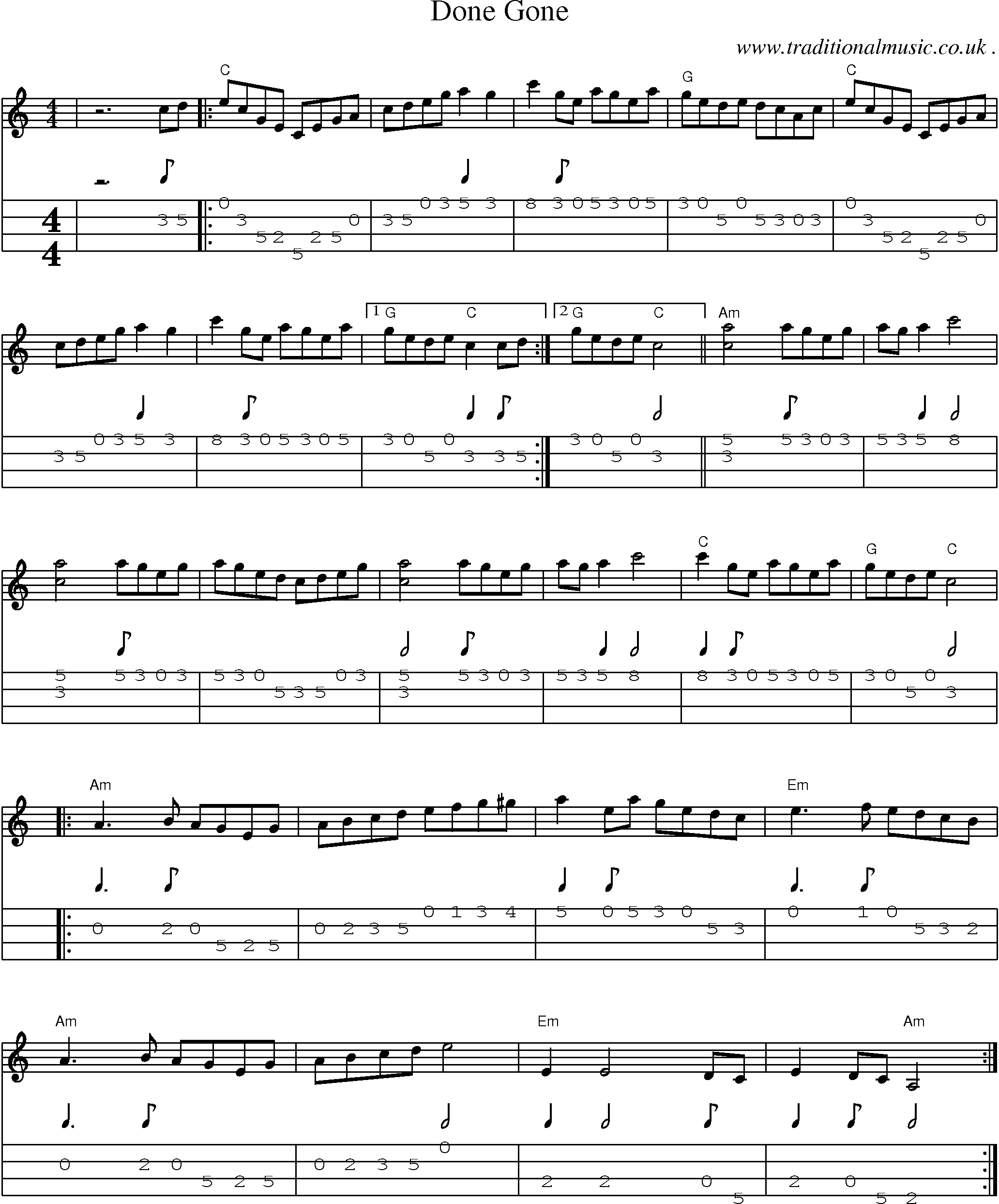 Music Score and Mandolin Tabs for Done Gone