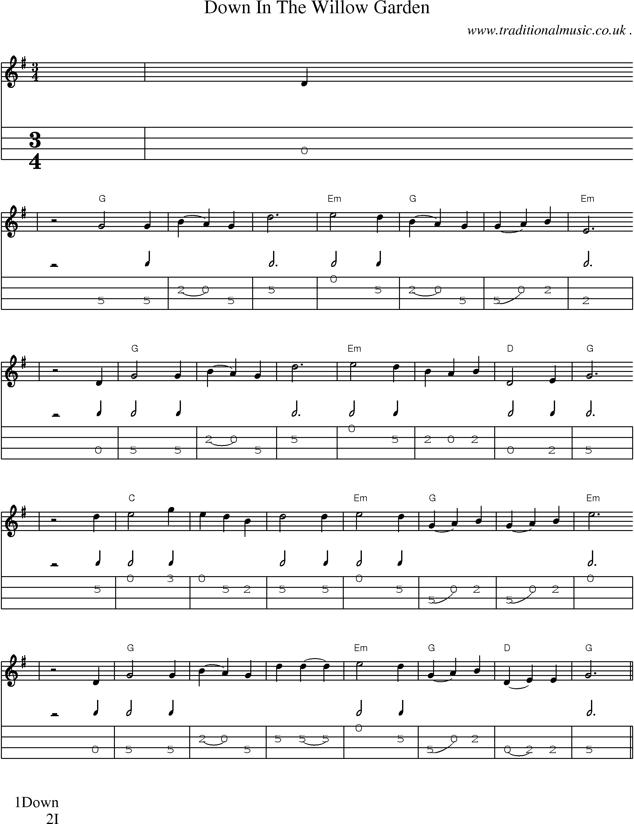 Music Score and Mandolin Tabs for Down In The Willow Garden