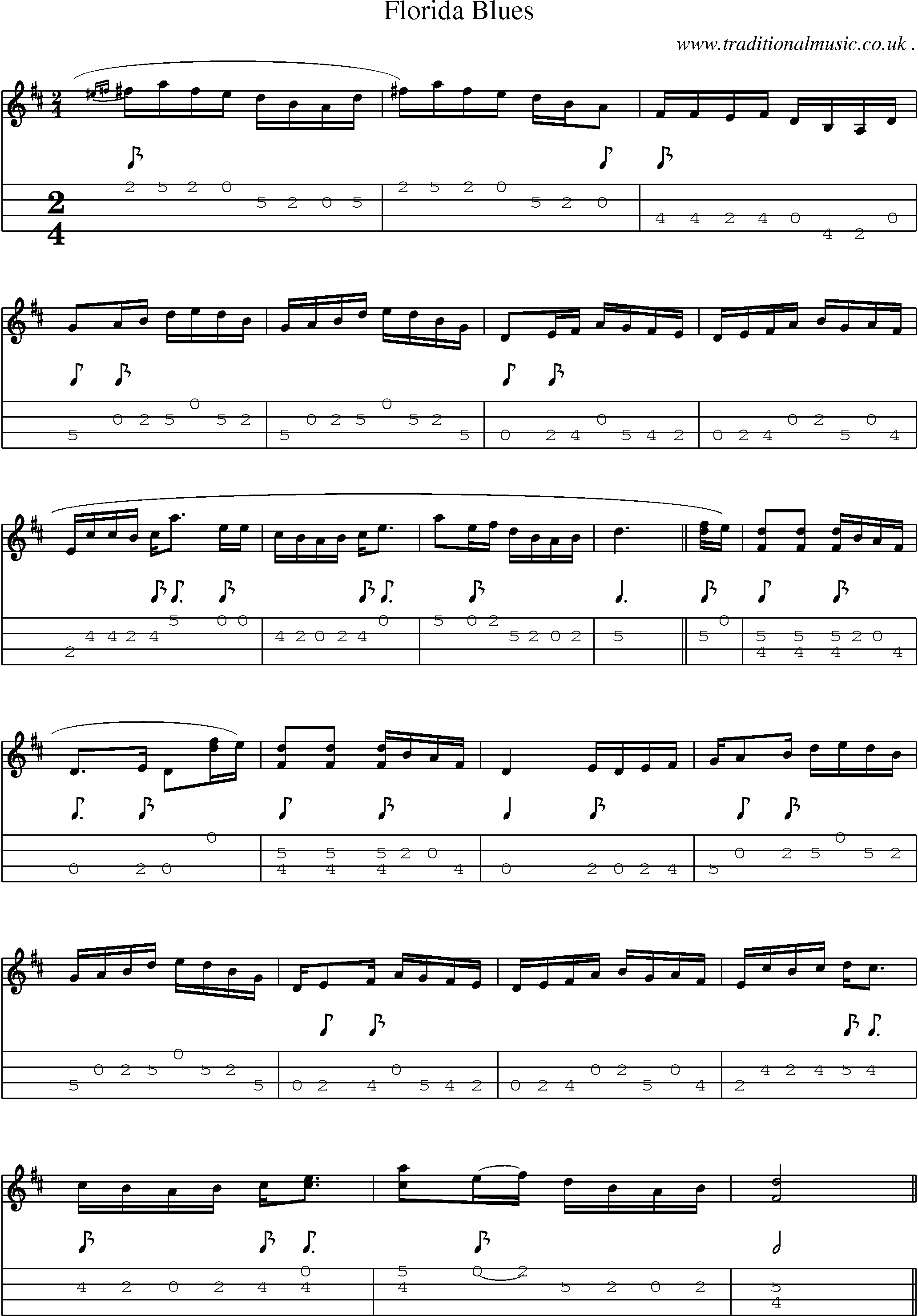 Music Score and Mandolin Tabs for Florida Blues