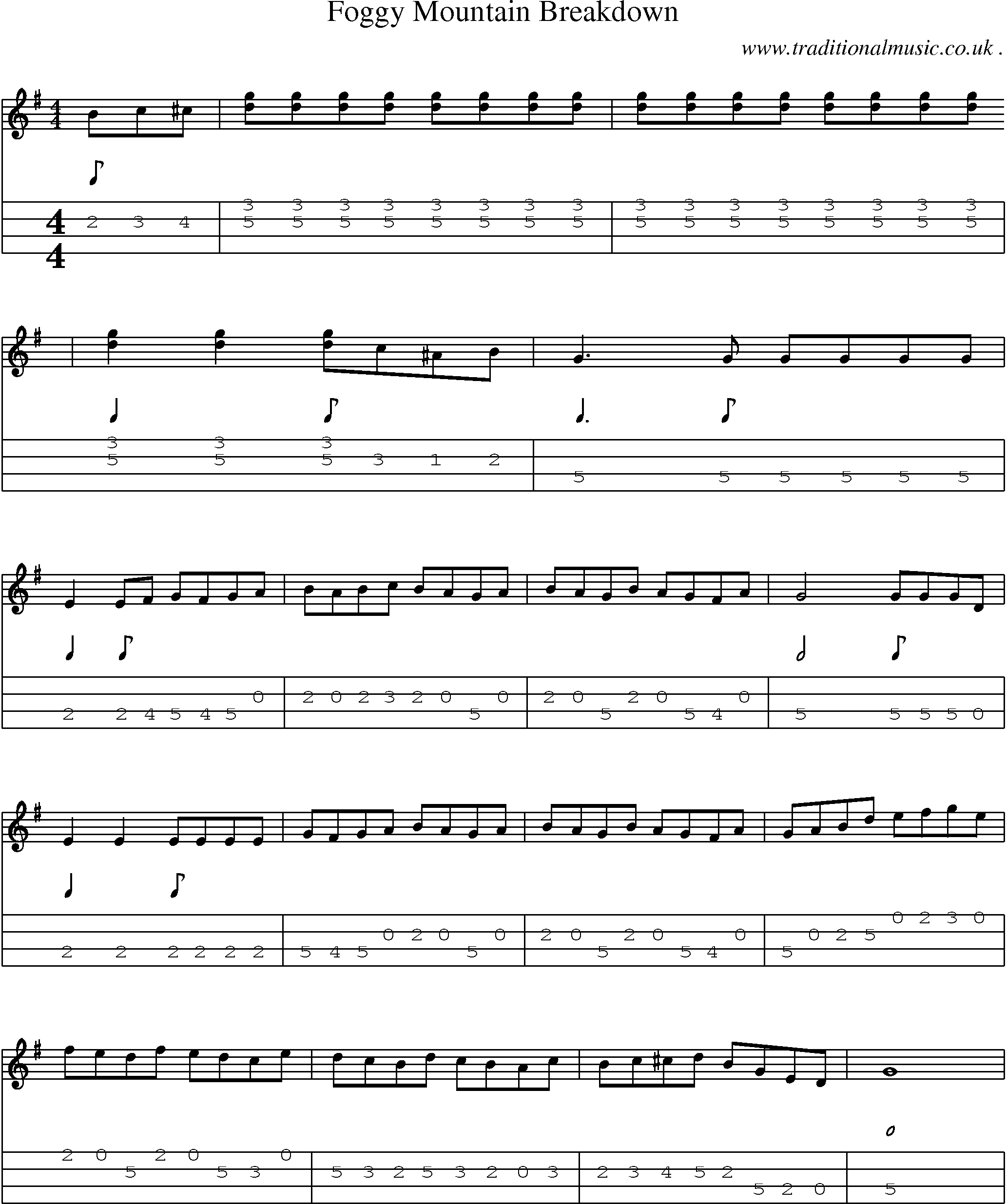 Music Score and Mandolin Tabs for Foggy Mountain Breakdown