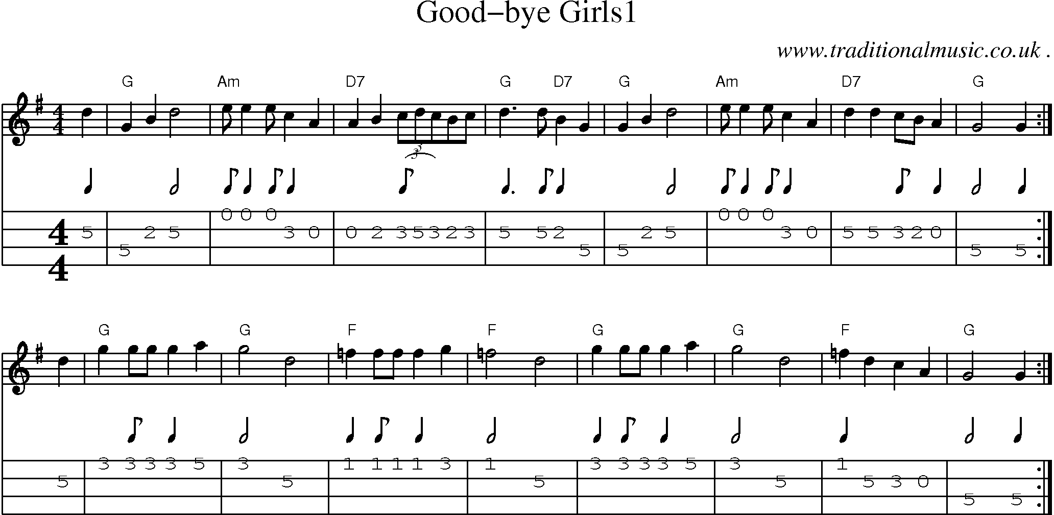 Music Score and Mandolin Tabs for Good-bye Girls1
