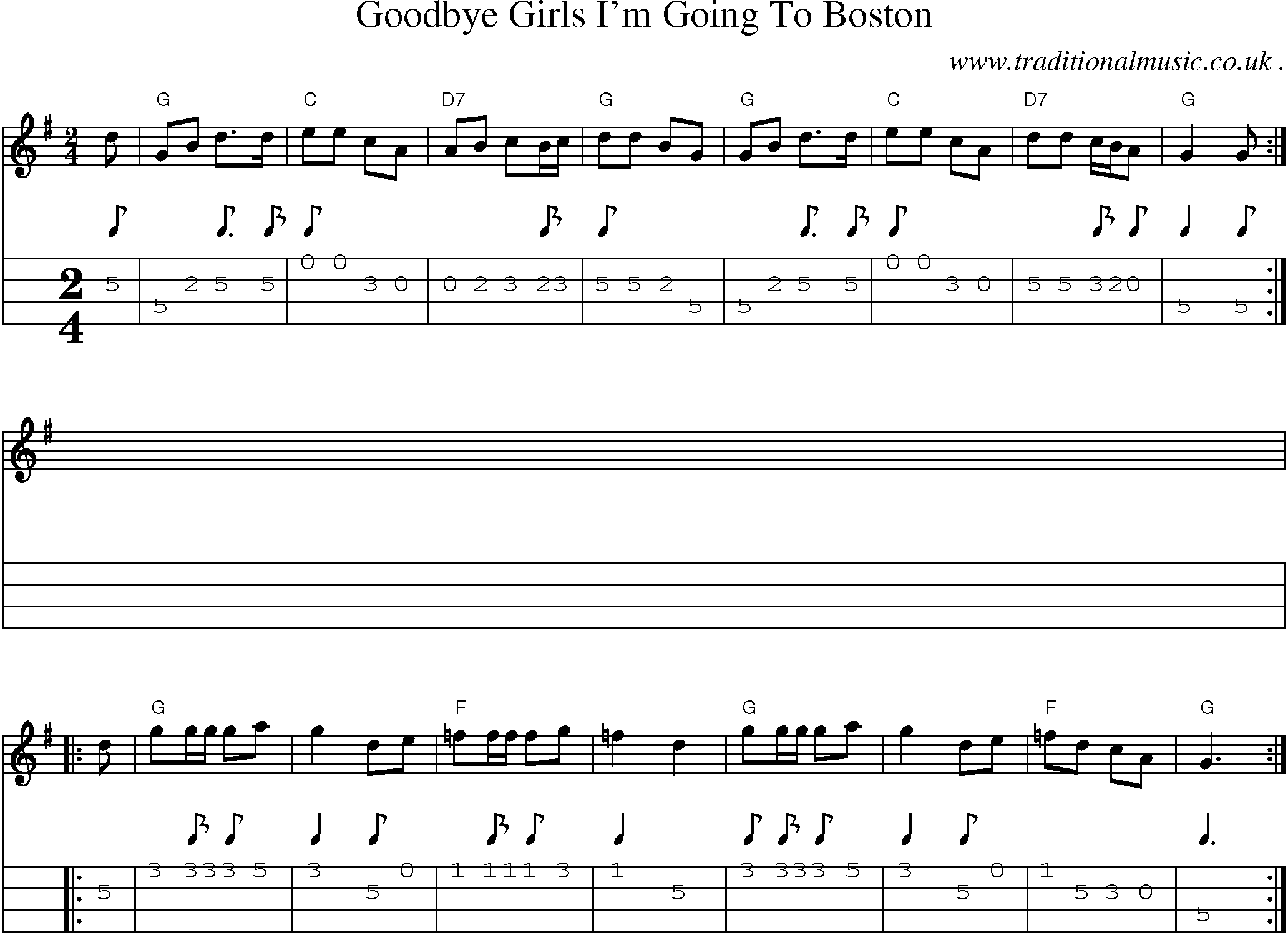 Music Score and Mandolin Tabs for Goodbye Girls Im Going To Boston