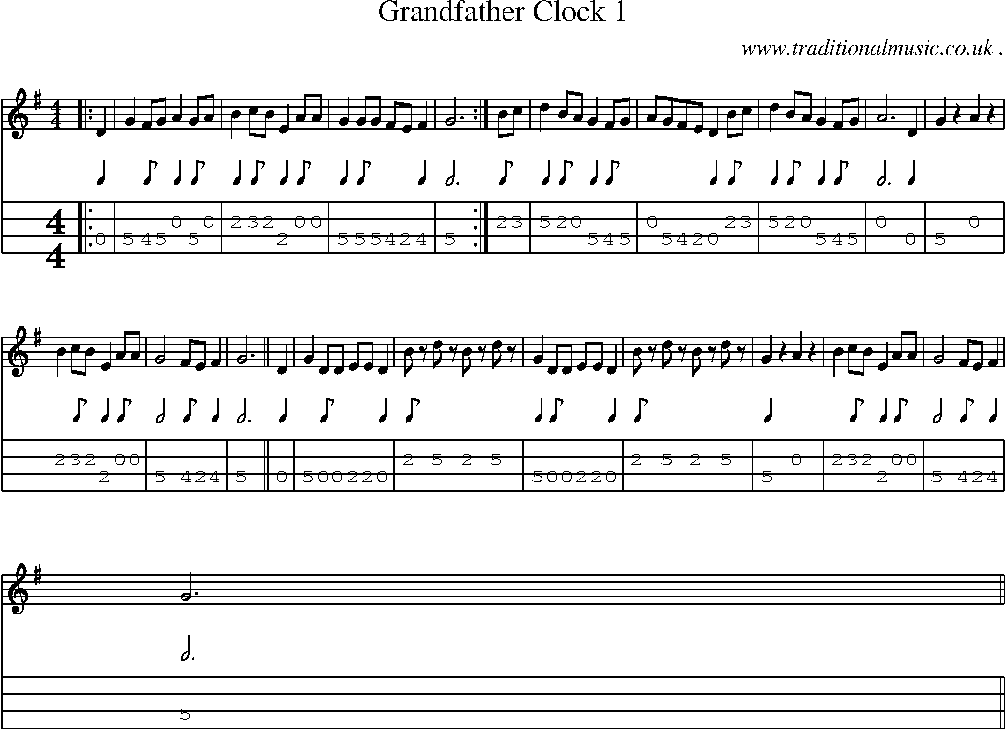 Music Score and Mandolin Tabs for Grandfather Clock 1