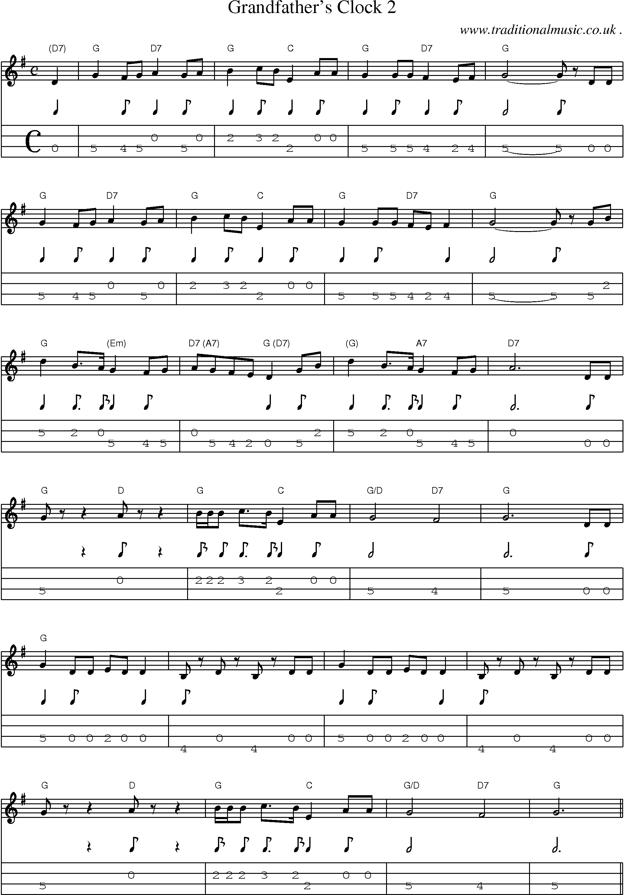 Music Score and Mandolin Tabs for Grandfathers Clock 2