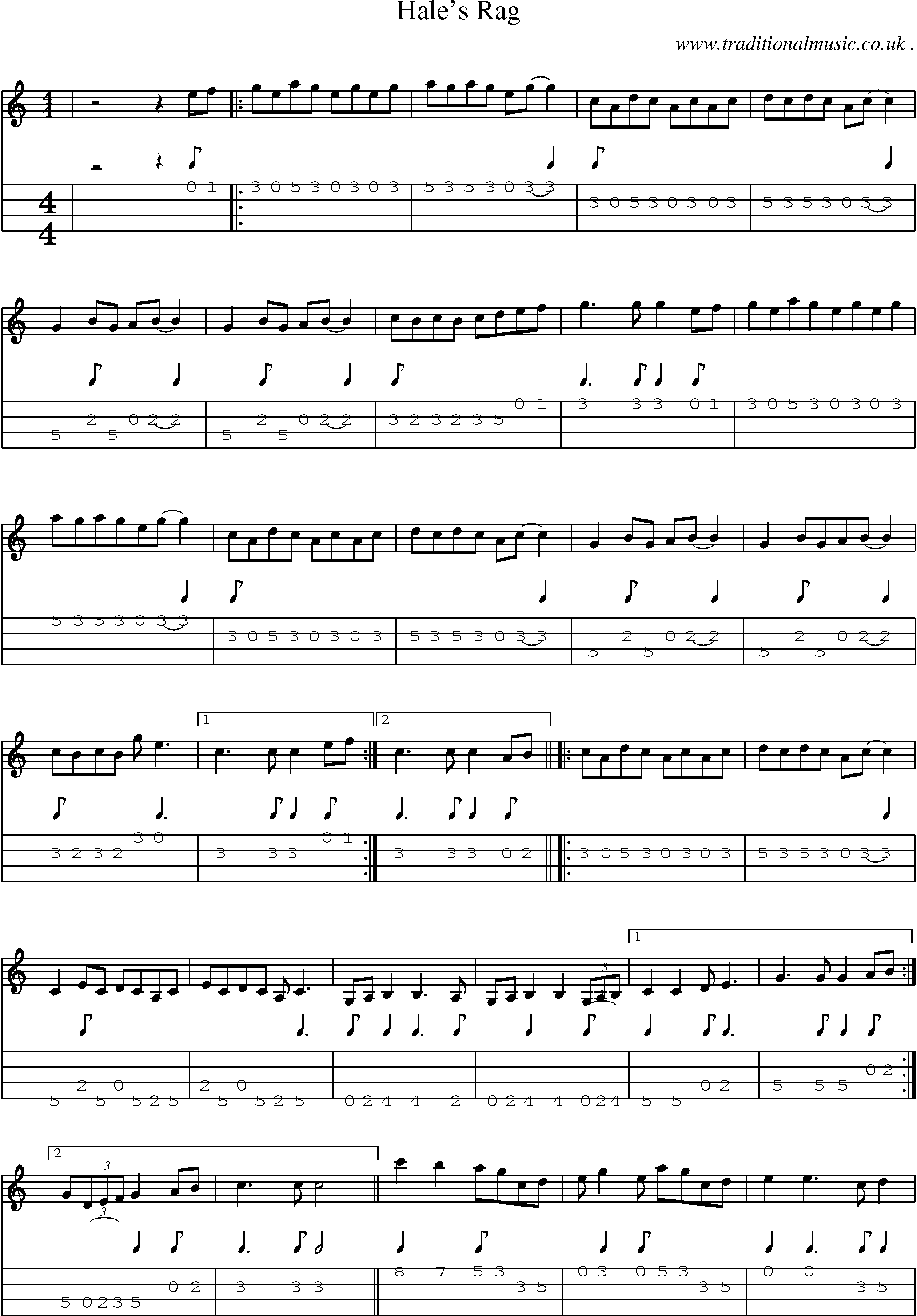 Music Score and Mandolin Tabs for Hales Rag