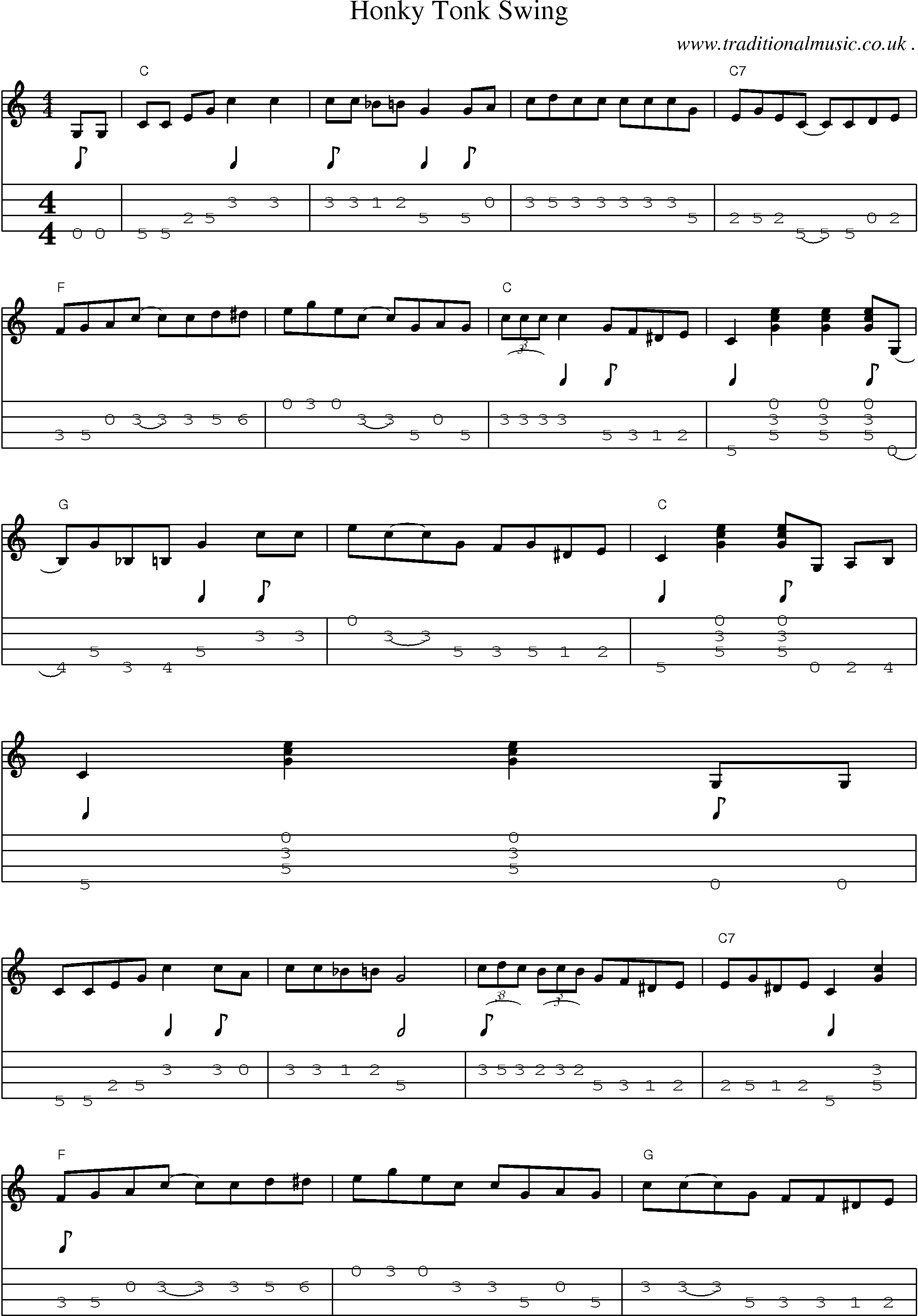 Music Score and Mandolin Tabs for Honky Tonk Swing