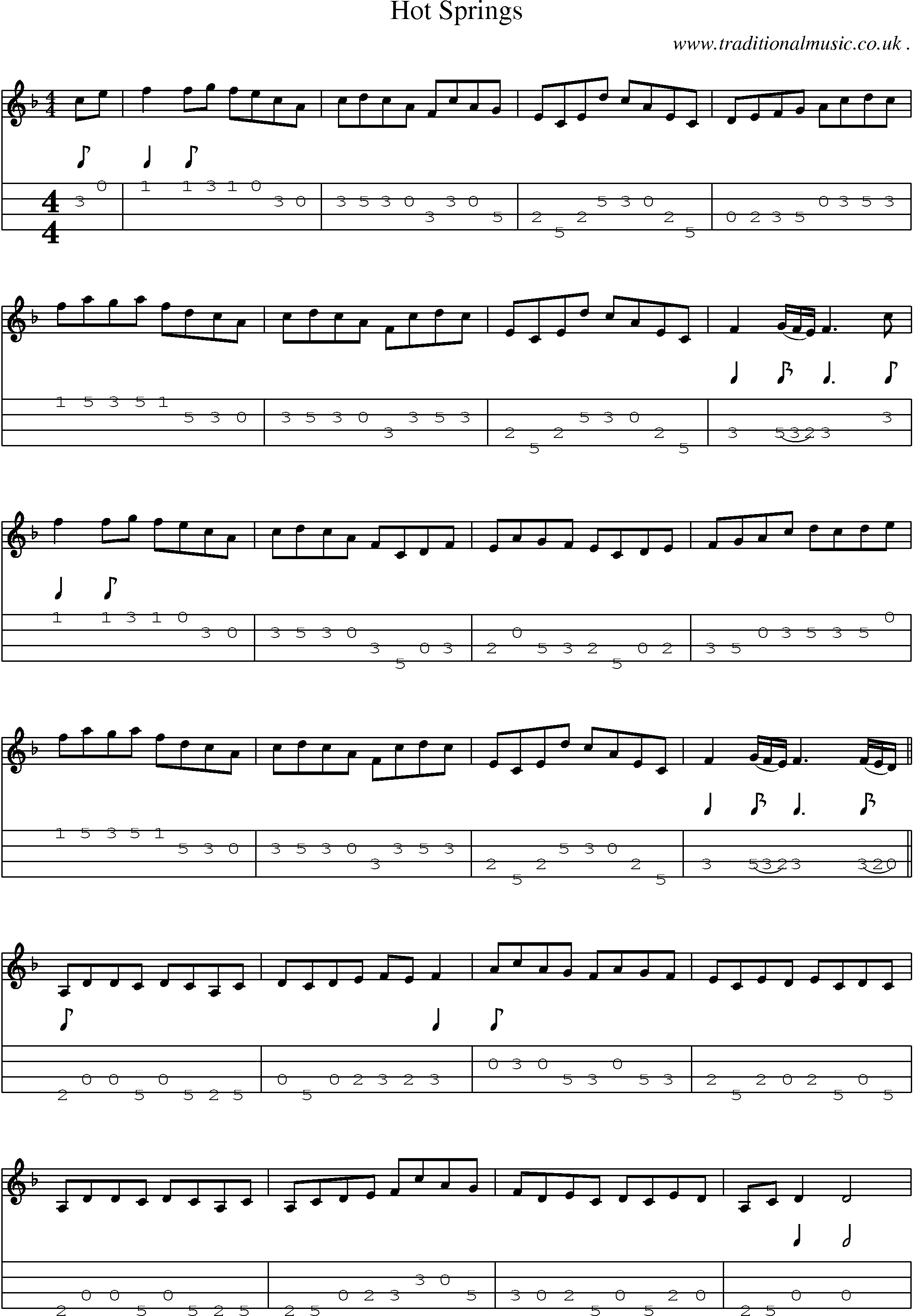 Music Score and Mandolin Tabs for Hot Springs