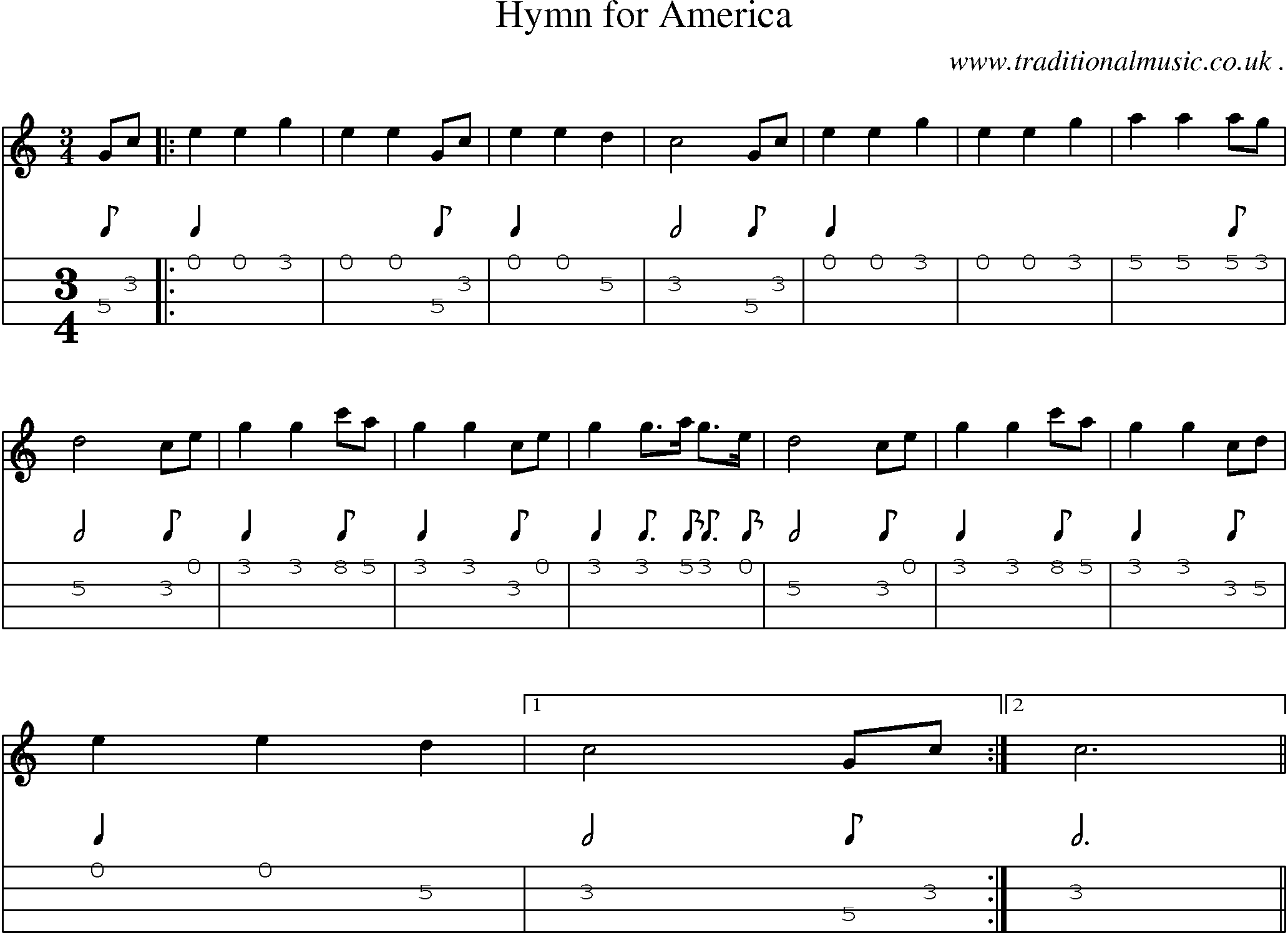 Music Score and Mandolin Tabs for Hymn For America