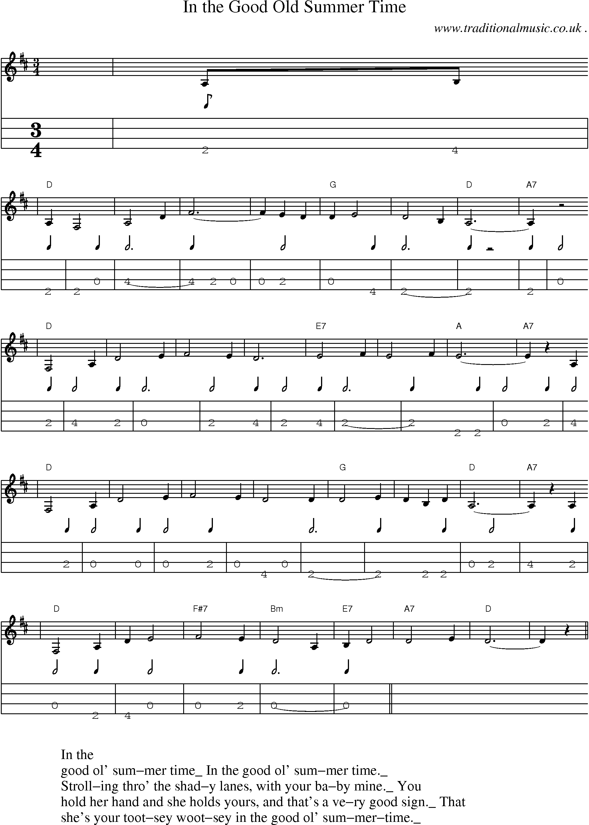 Music Score and Mandolin Tabs for In The Good Old Summer Time