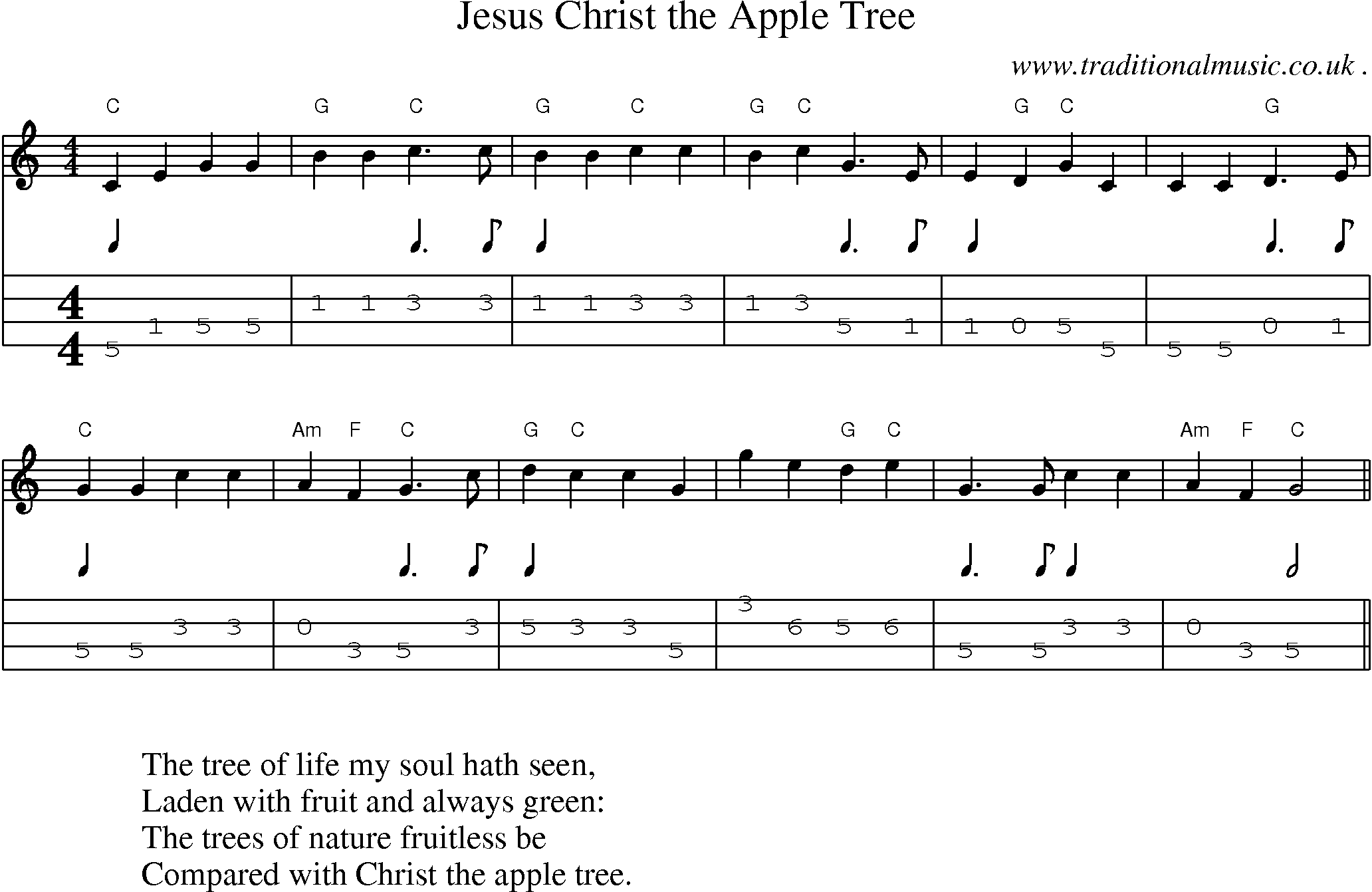 Music Score and Mandolin Tabs for Jesus Christ The Apple Tree
