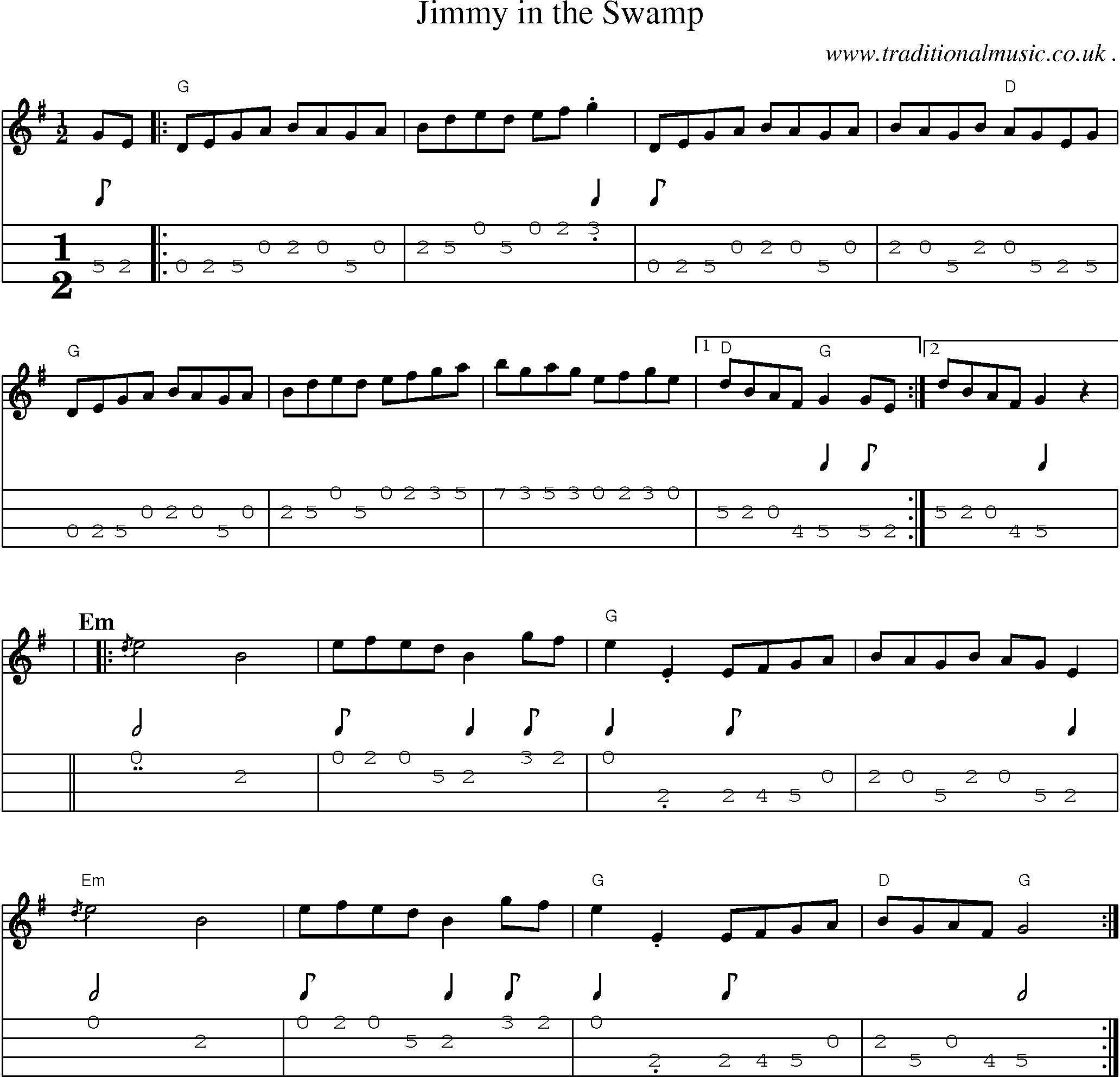 Music Score and Mandolin Tabs for Jimmy In The Swamp