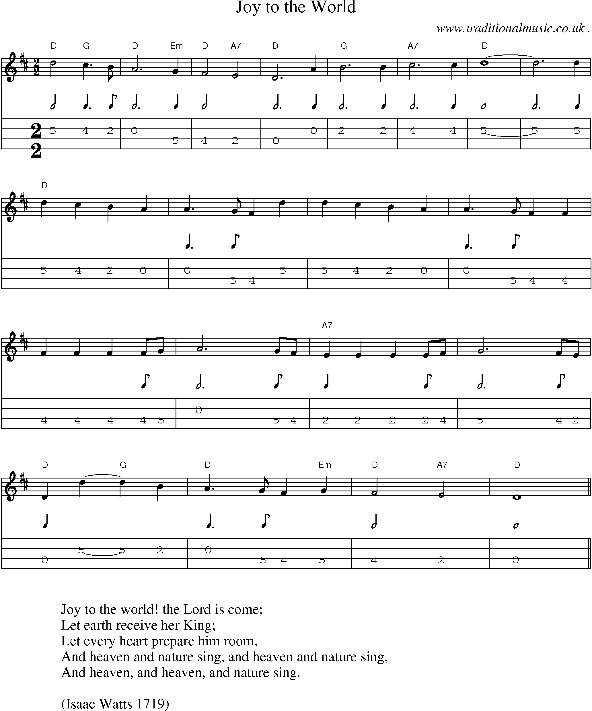 Music Score and Mandolin Tabs for Joy To The World