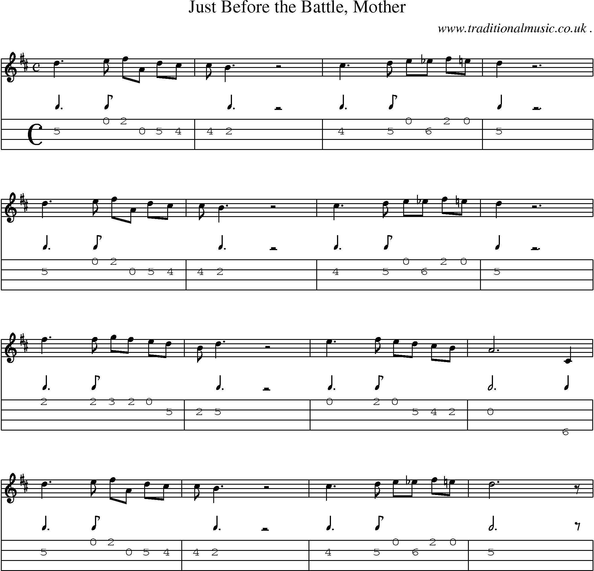 Music Score and Mandolin Tabs for Just Before The Battle Mother
